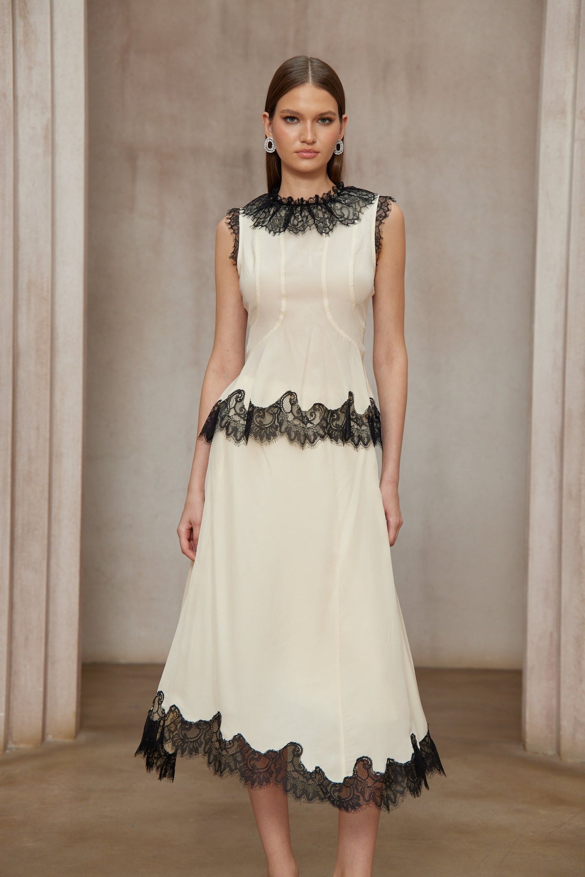 Zsófia Neutral Lace Panel Chiffon Top & Skirt Matching Set