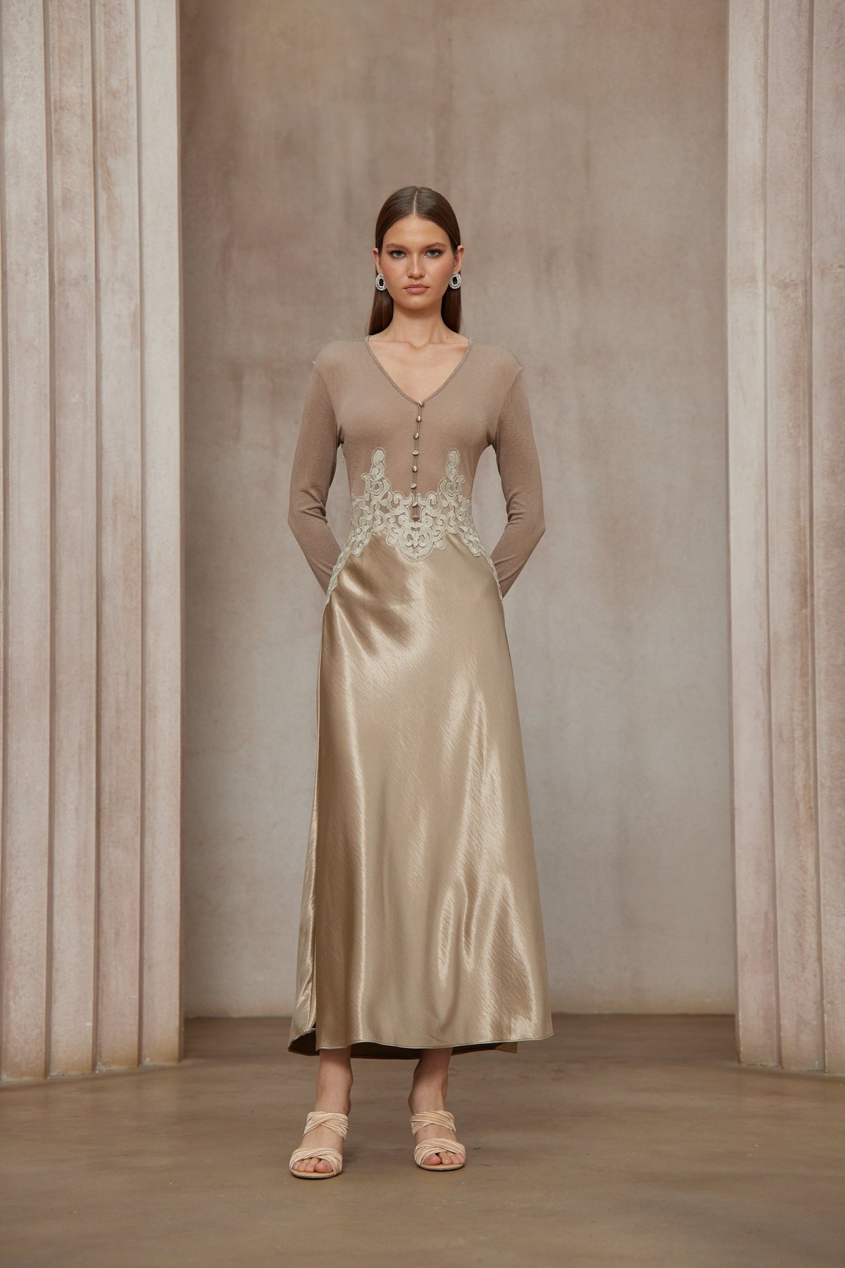 Szilvia Brown Knit Panel Satin Midi Dress