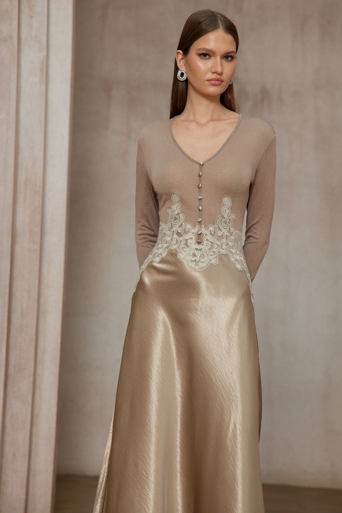Szilvia Brown Knit Panel Satin Midi Dress