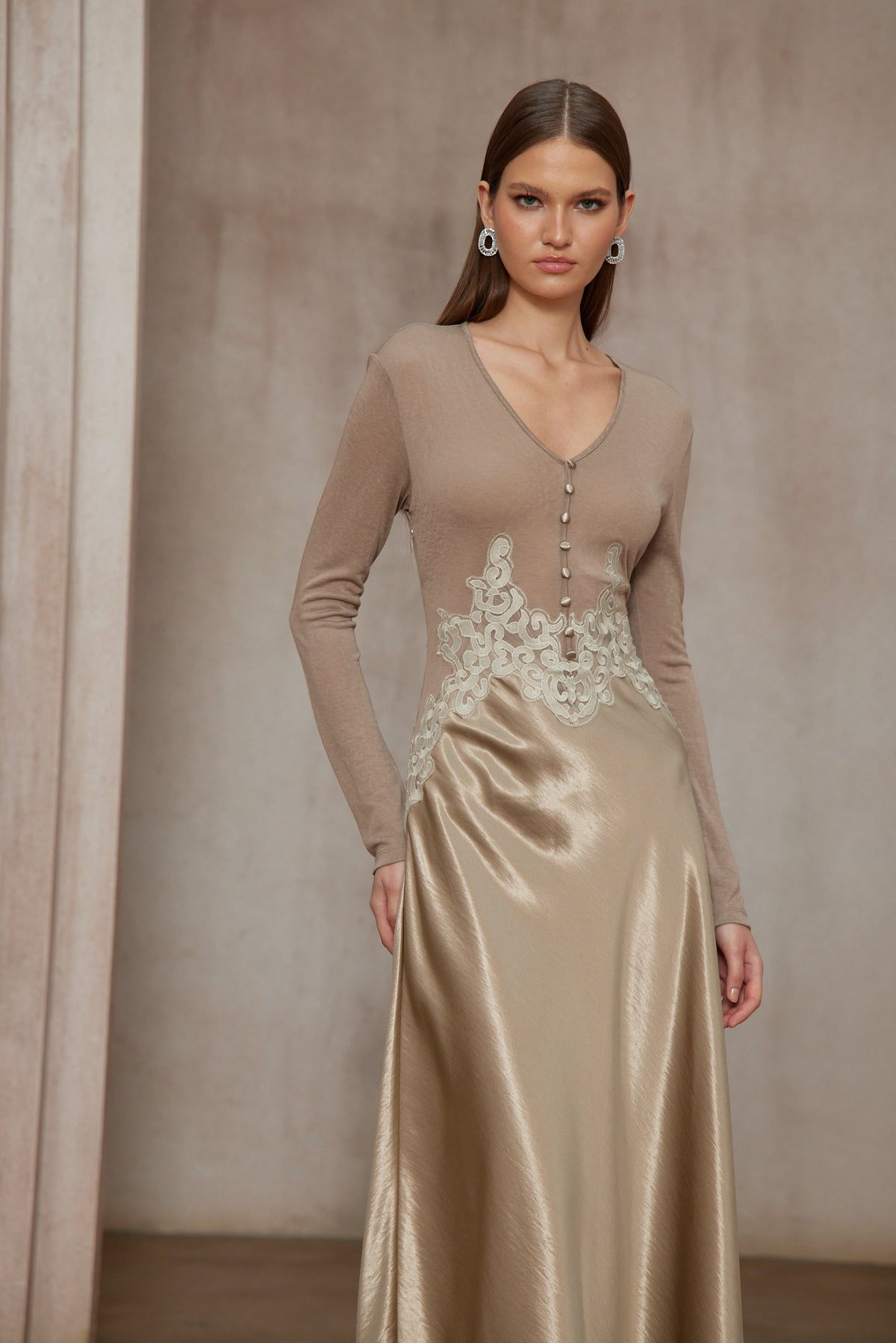 Szilvia Brown Knit Panel Satin Midi Dress