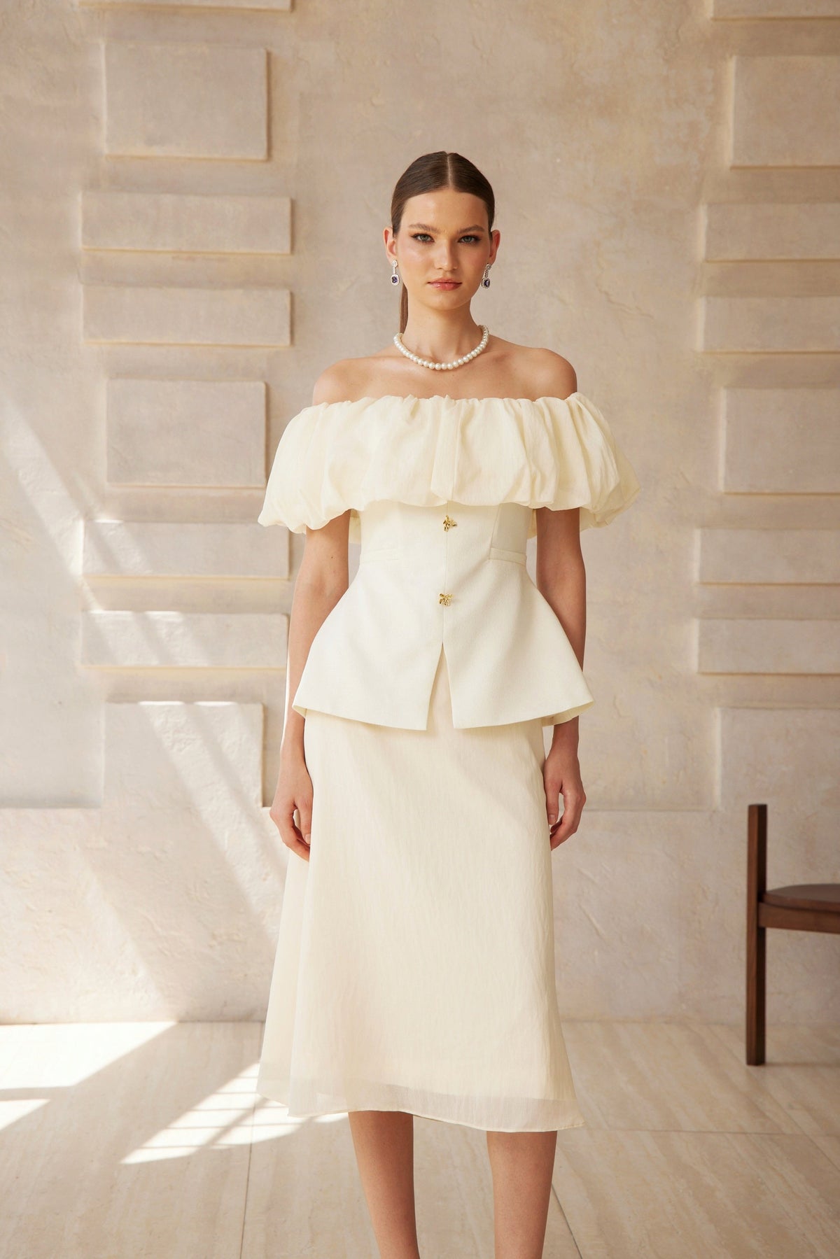 Dianthe White Off Shoulder Shirred Top & Skirt Set