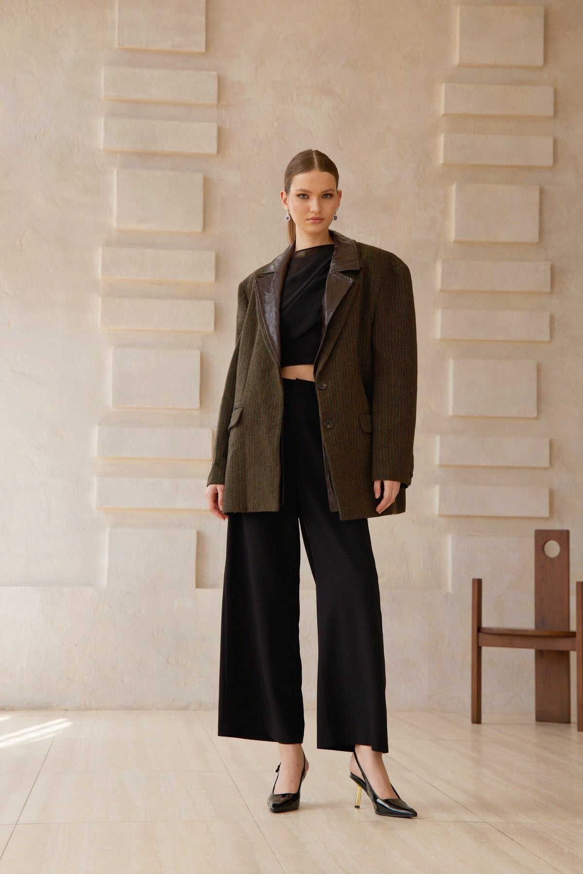 Amber Brown Leather Panel Herringbone Tweed Blazer - brown