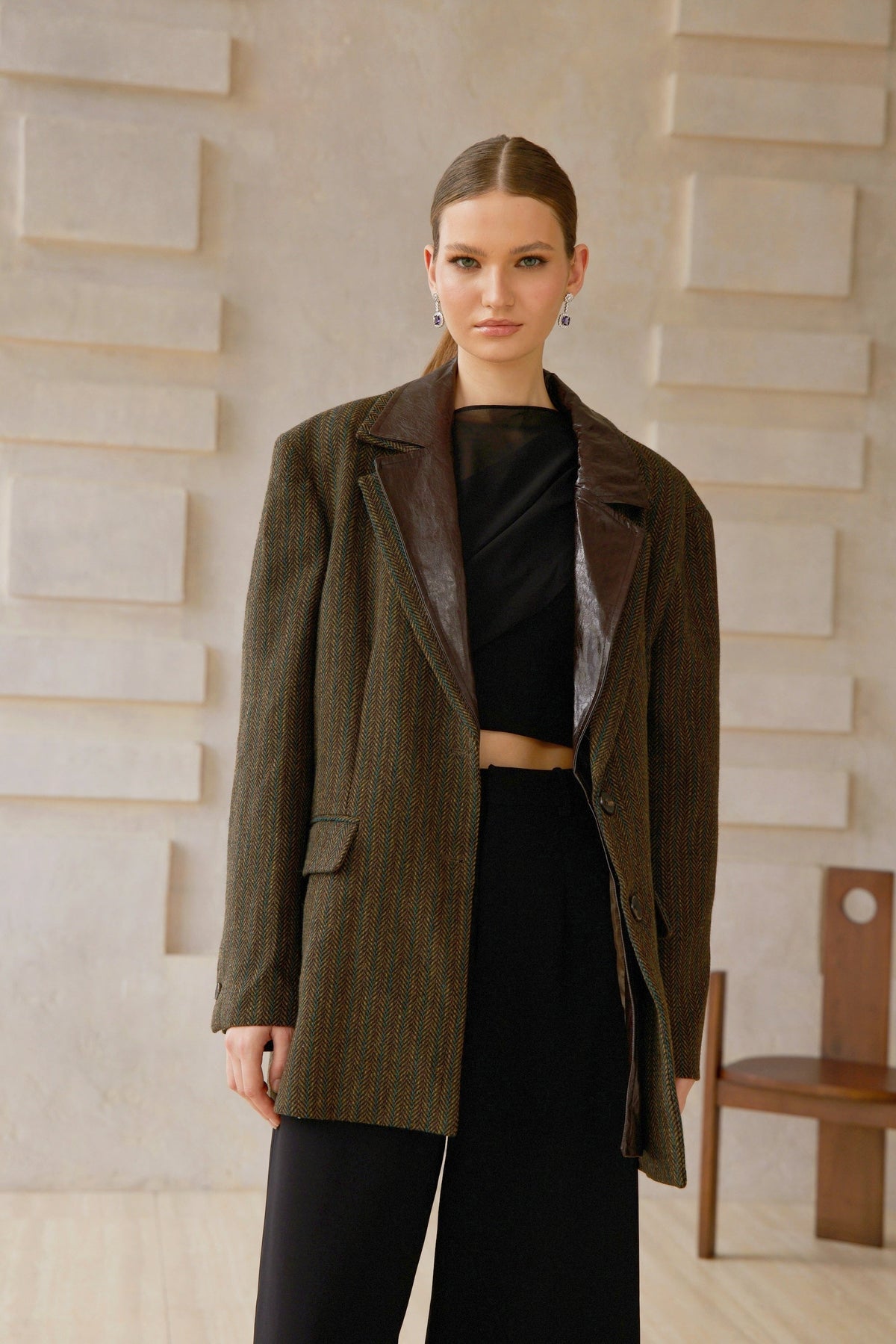 Amber Brown Leather Panel Herringbone Tweed Blazer - brown
