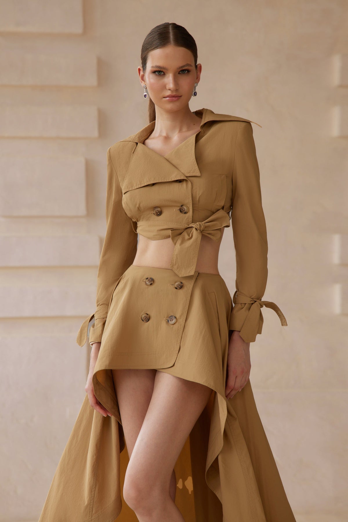 Maelle Khaki Cropped Trench Jacket & Skirt Matching Set