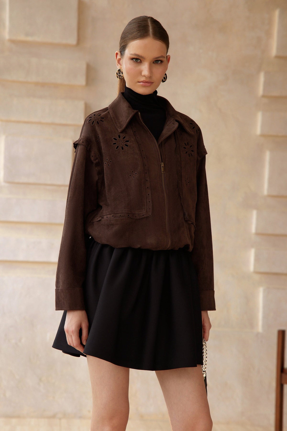 Élodie Brown Cut Out Floral Suede Jacket