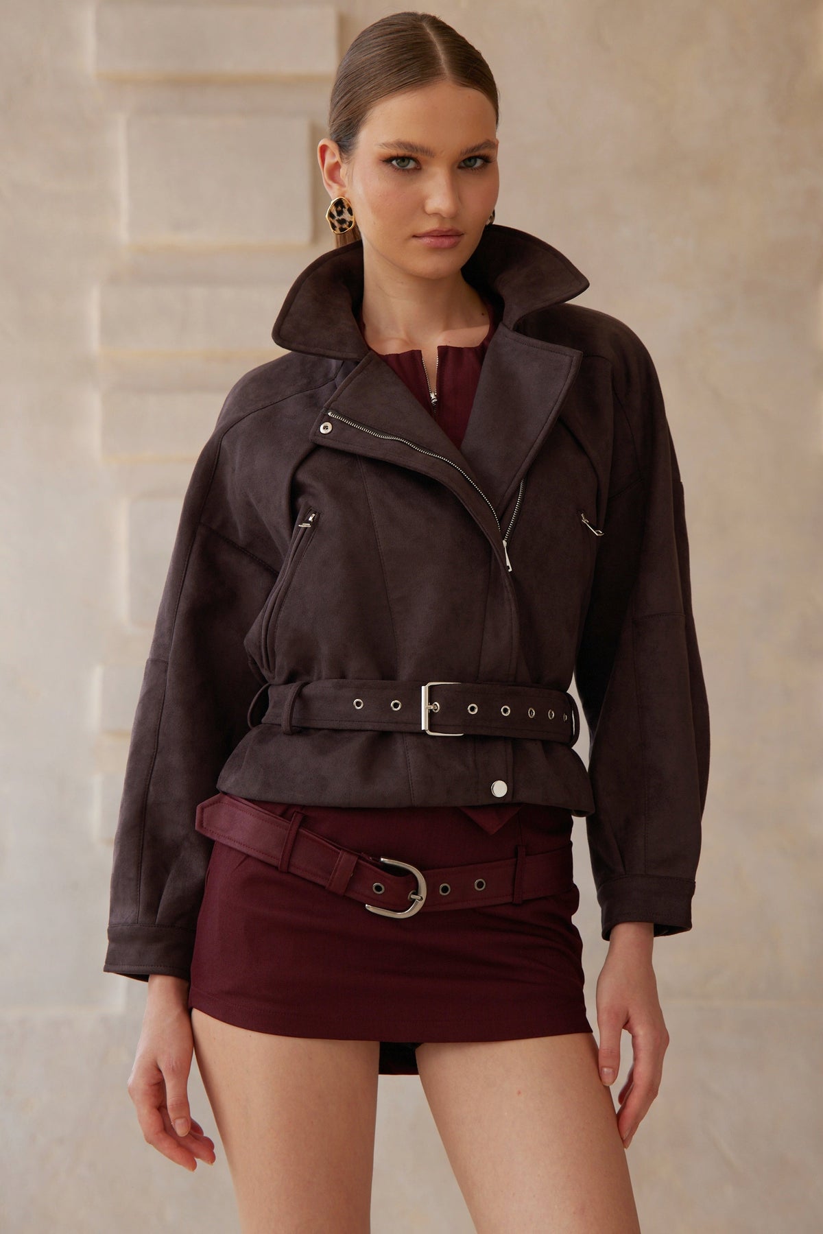 Laura Brown Belted Suede Biker Jacket