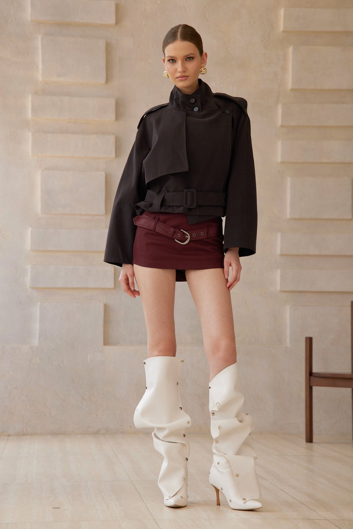 Tiphaine Black Asymmetrical Belted Short Trench Coat