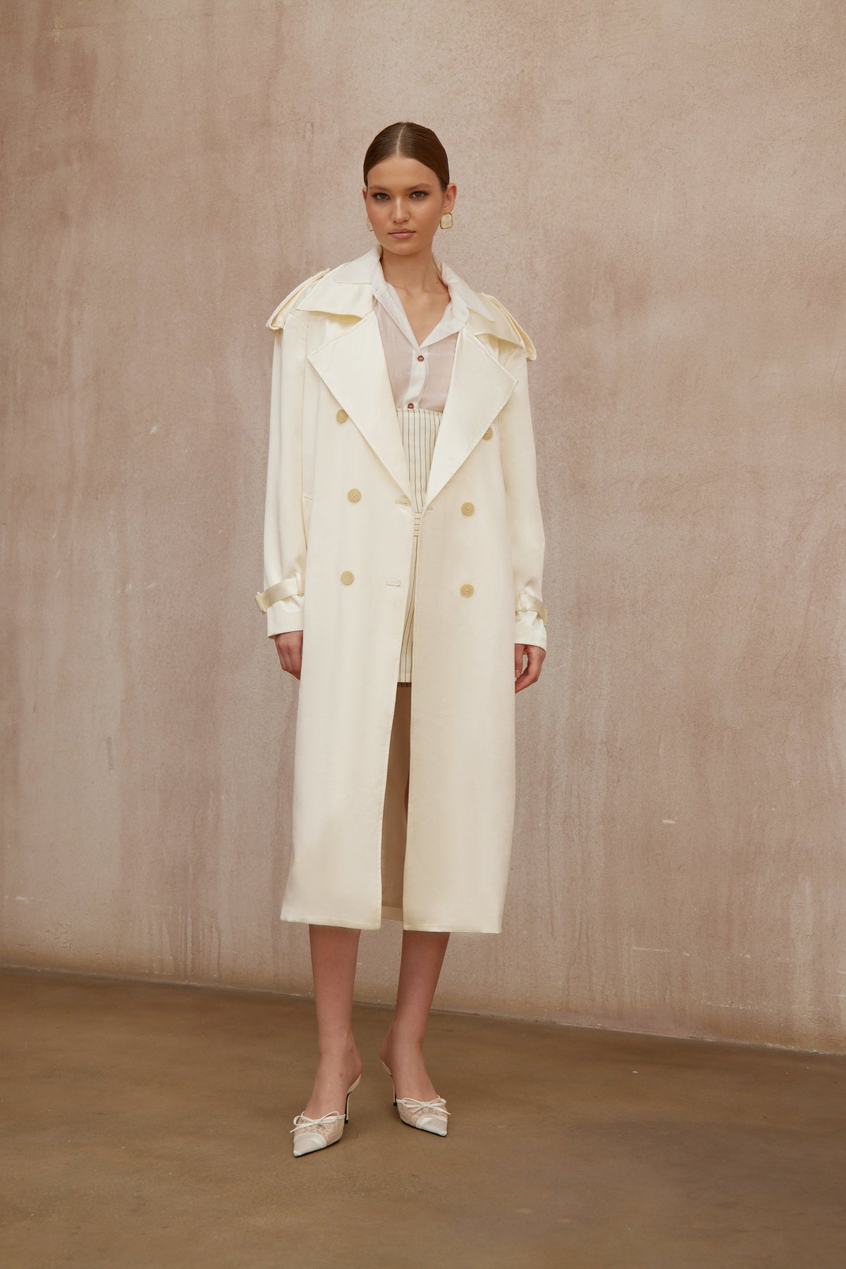 Amélie Cream White Satin Long Trench Coat - Cream white