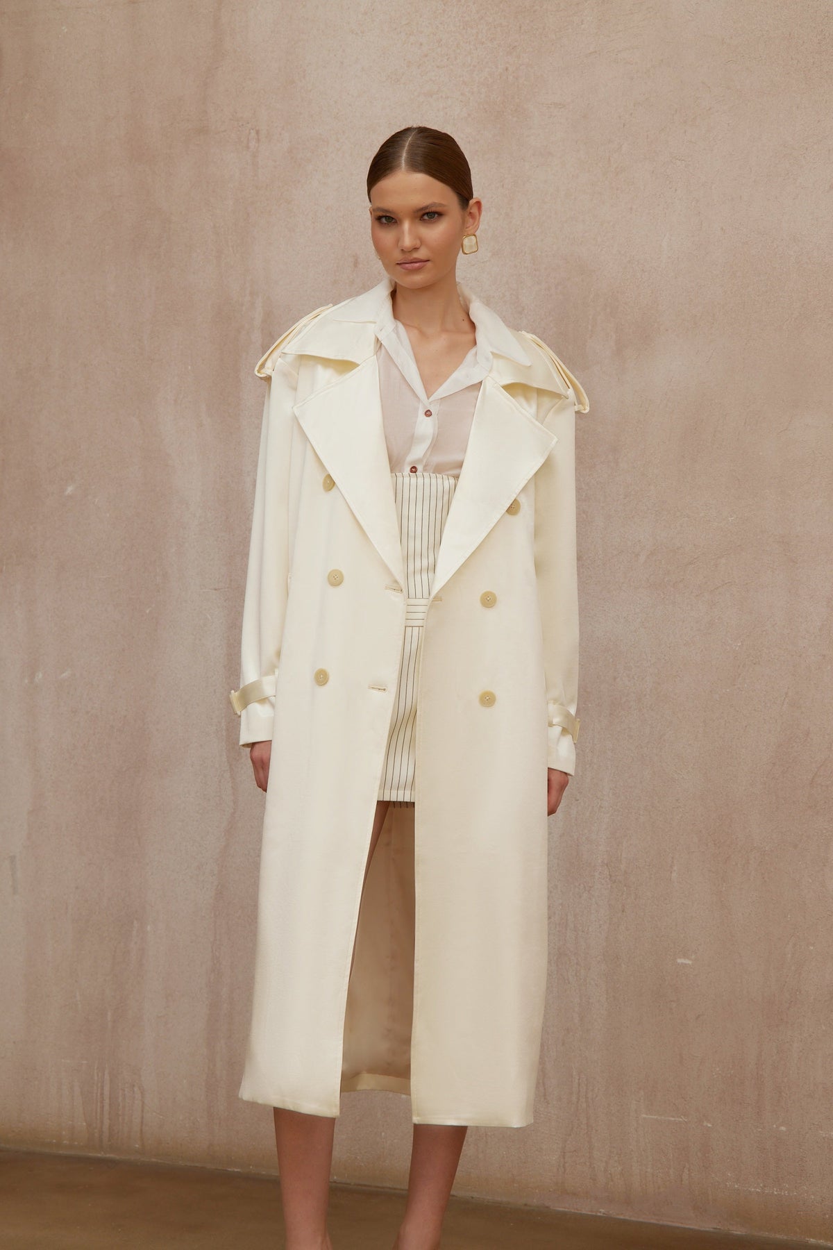 Amélie Cream White Satin Long Trench Coat - Cream white