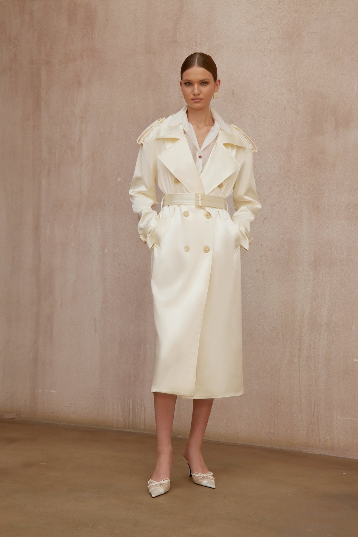 Amélie Cream White Satin Long Trench Coat