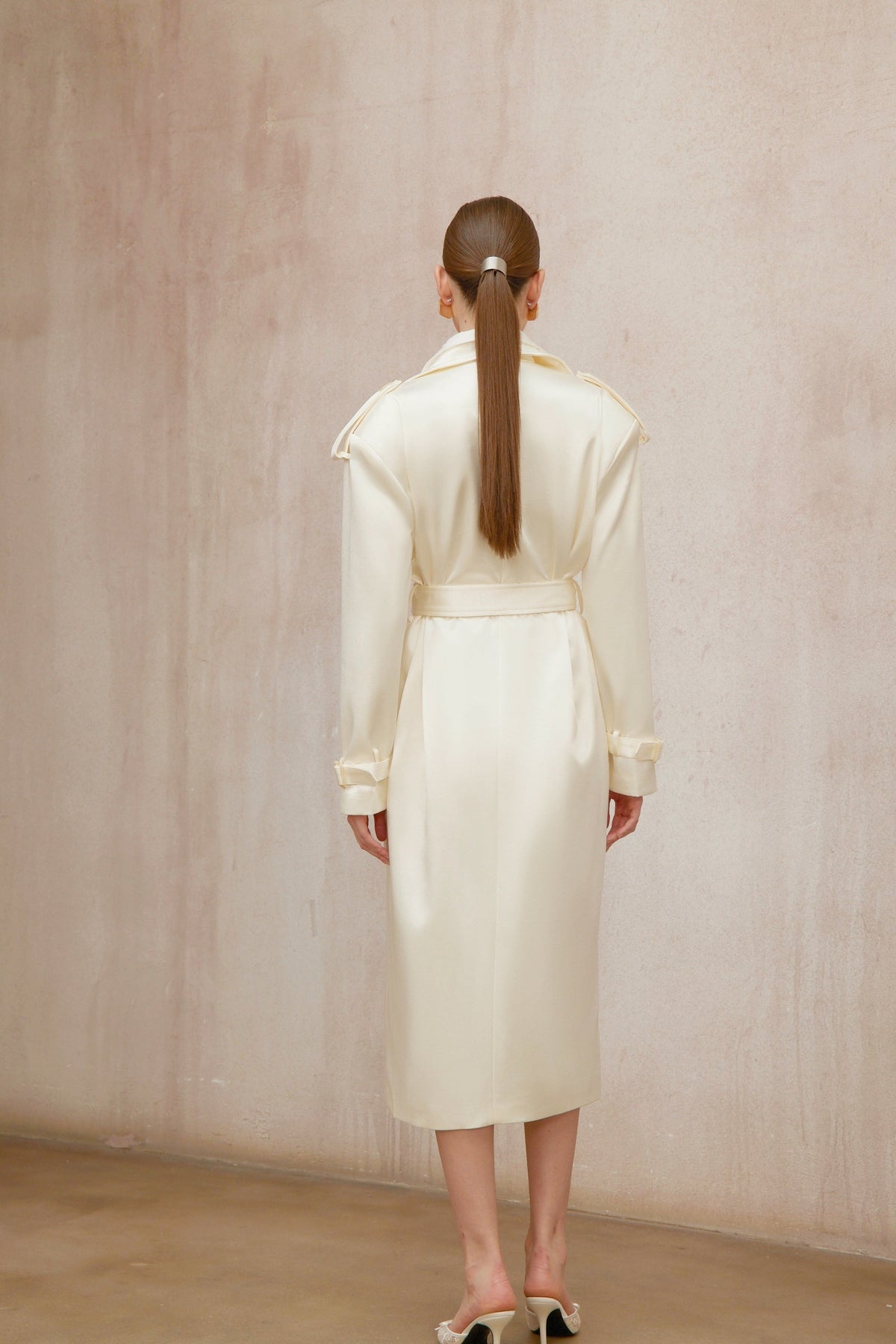 Amélie Cream White Satin Long Trench Coat - Cream white