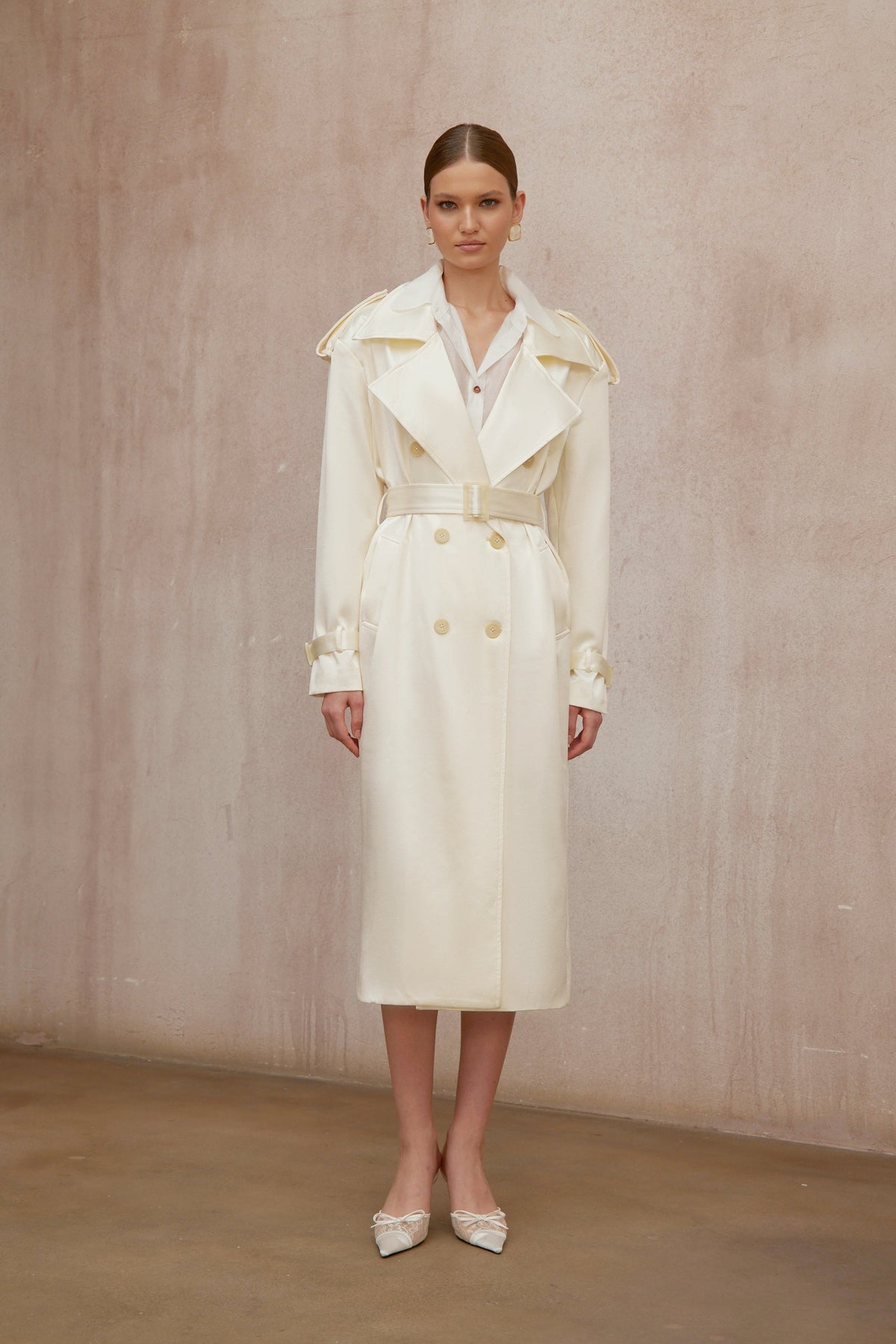 Amélie Cream White Satin Long Trench Coat - Cream white