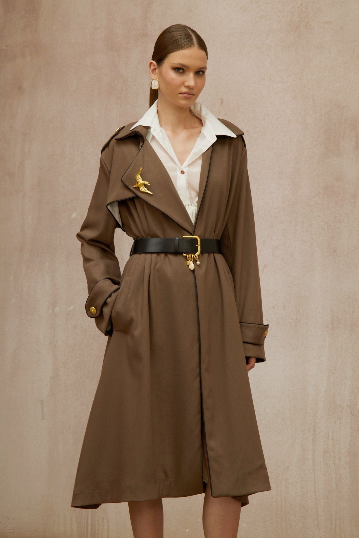 Wanda Brown Belted Long Trench Coat