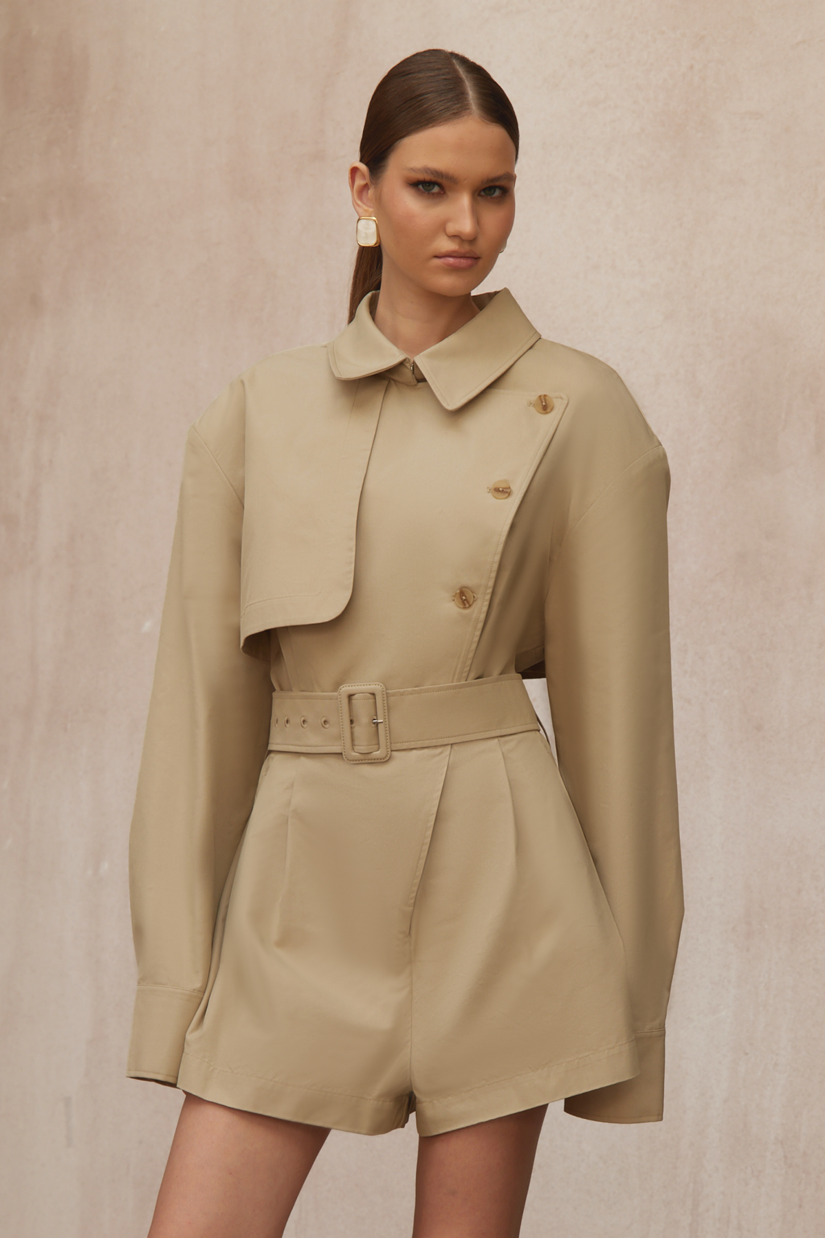 Priscille Khaki Asymmetrical Trench Style Playsuit