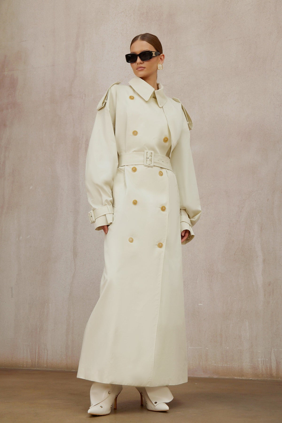 Bruyère White Double-Breasted Long Trench Coat