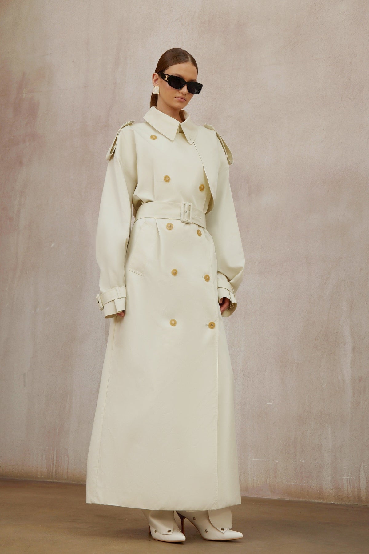 Bruyère White Double-Breasted Long Trench Coat
