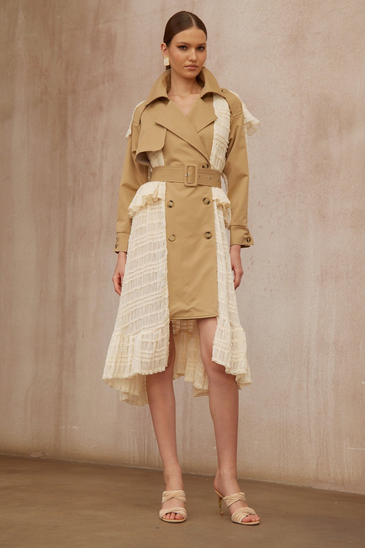 Sara Khaki Lace Panel Long Trench Coat