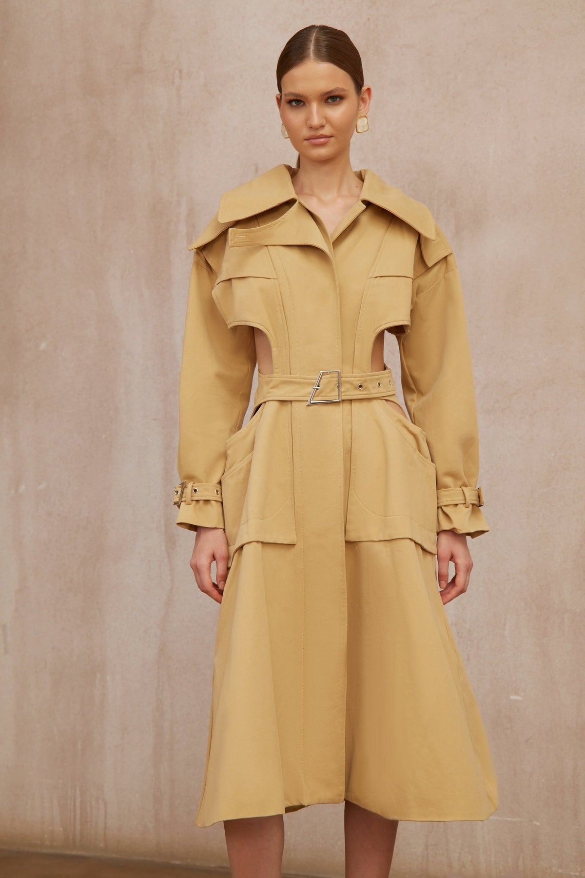 Pilar Neutral Cut Out Belted Long Trench Coat