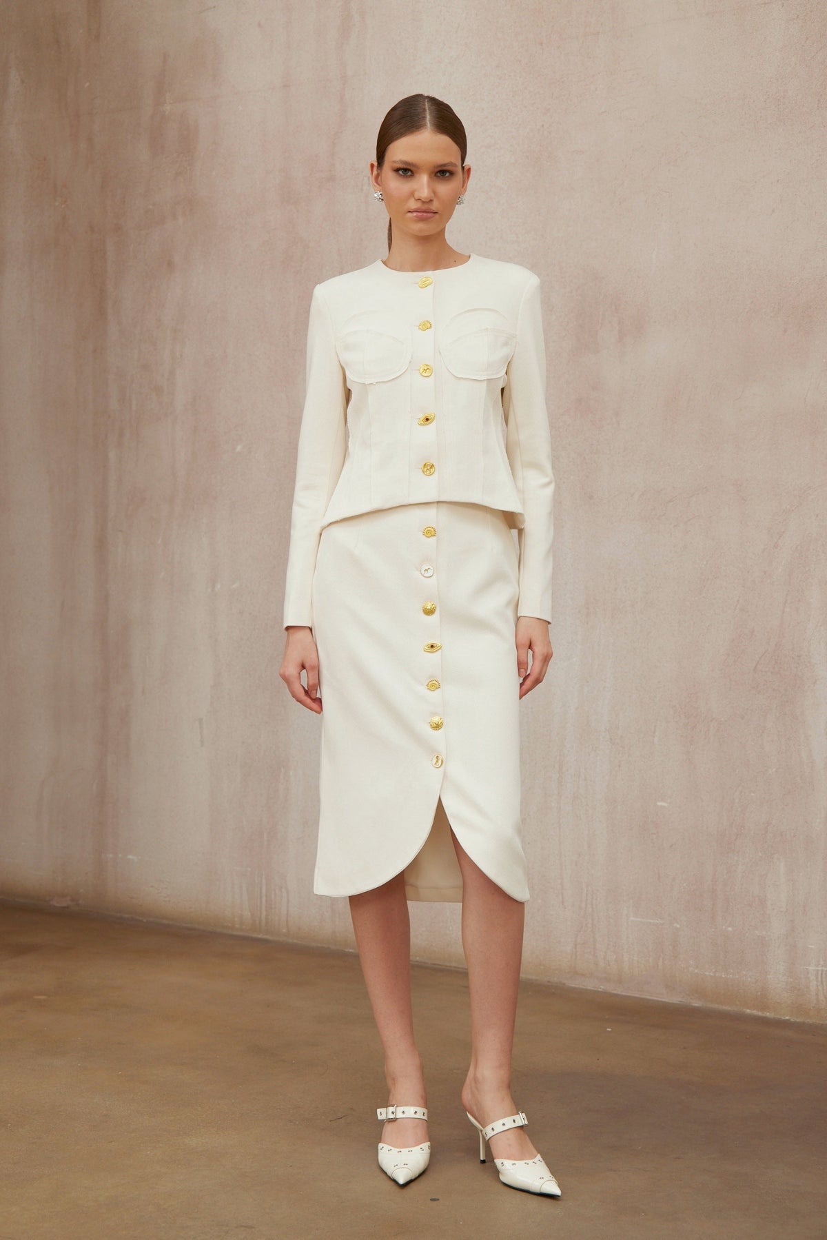 Léa White Decorative Button Jacket & Skirt Set