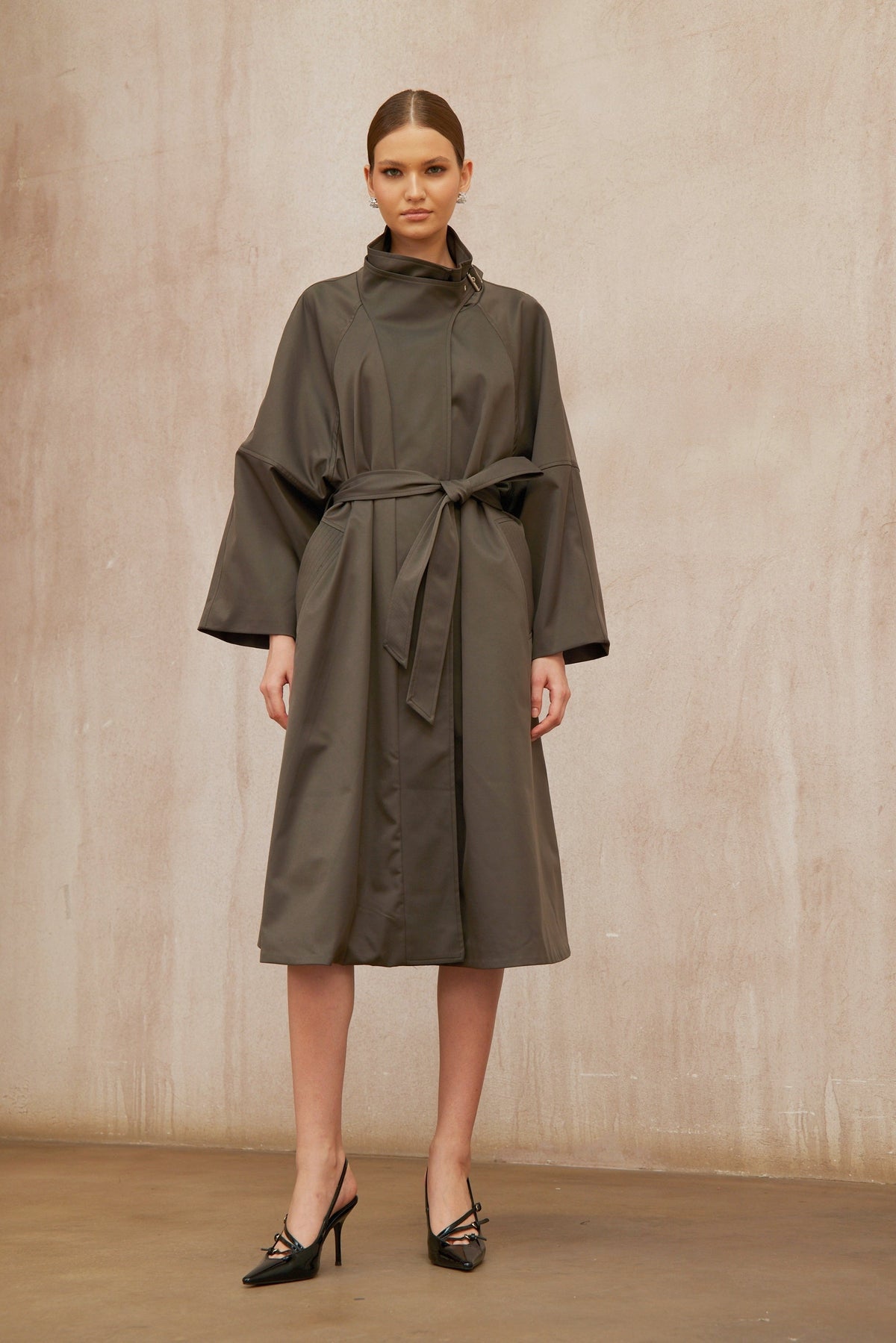 Suzon Charcoal Grey Belted Long Trench Coat