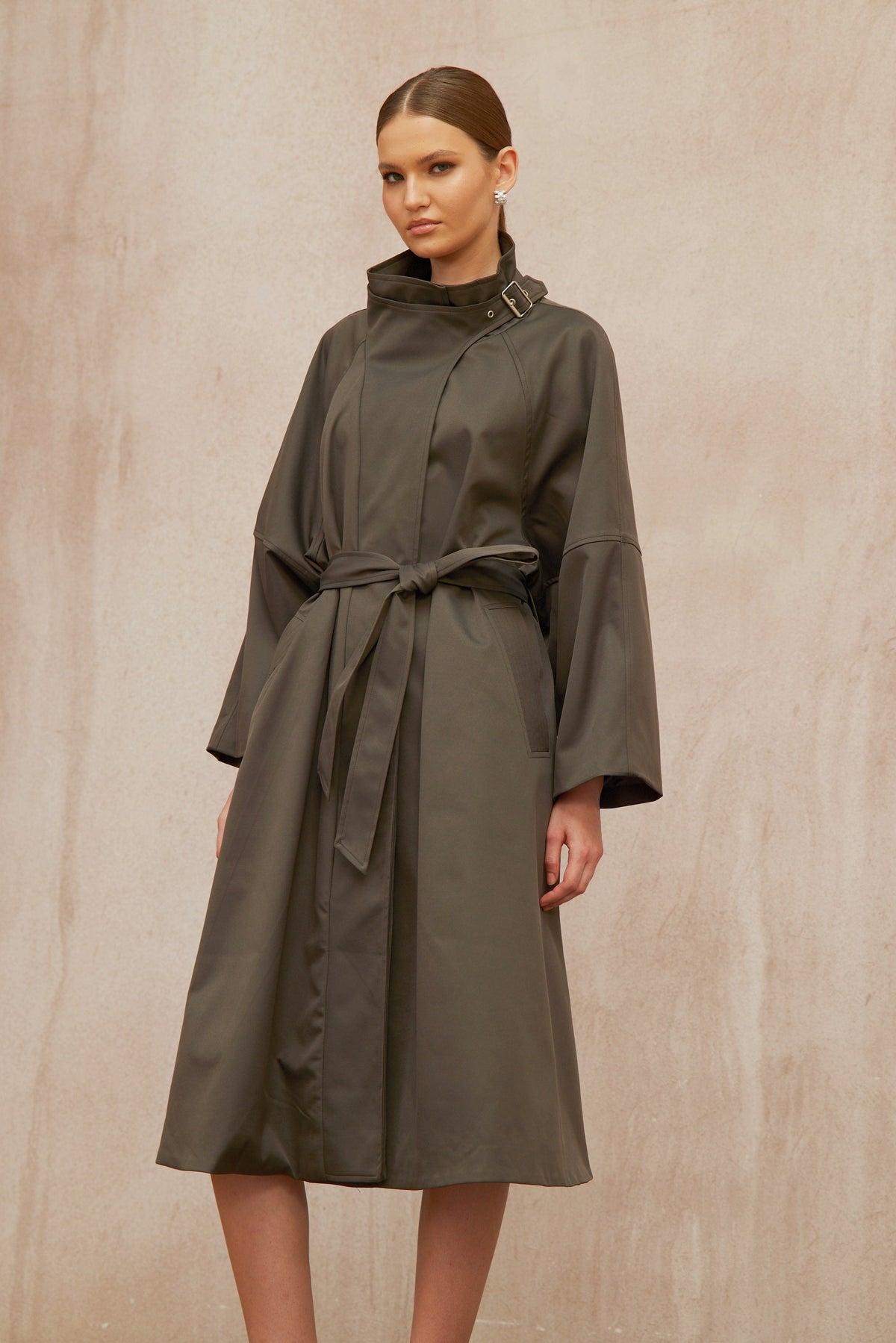 Suzon Charcoal Grey Belted Long Trench Coat
