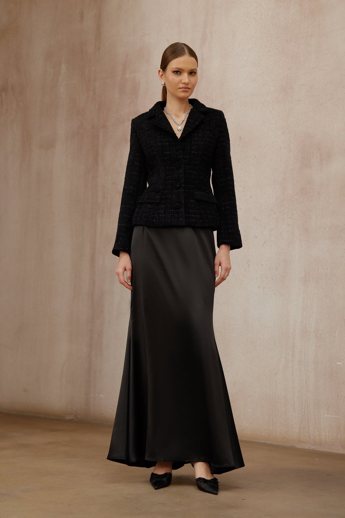 Ariadna Black Tweed Jacket & Satin Skirt Set