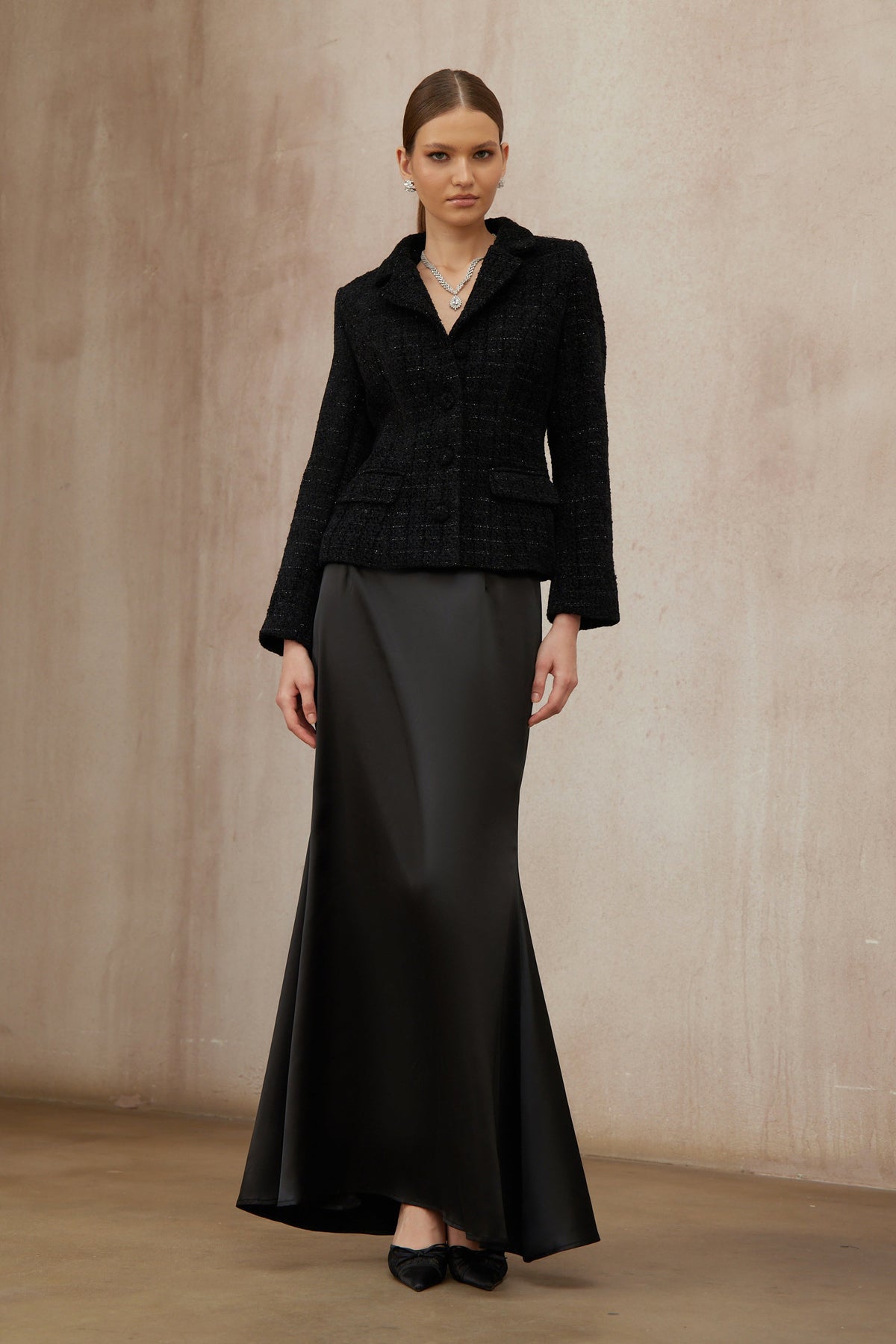 Ariadna Black Tweed Jacket & Satin Skirt Set