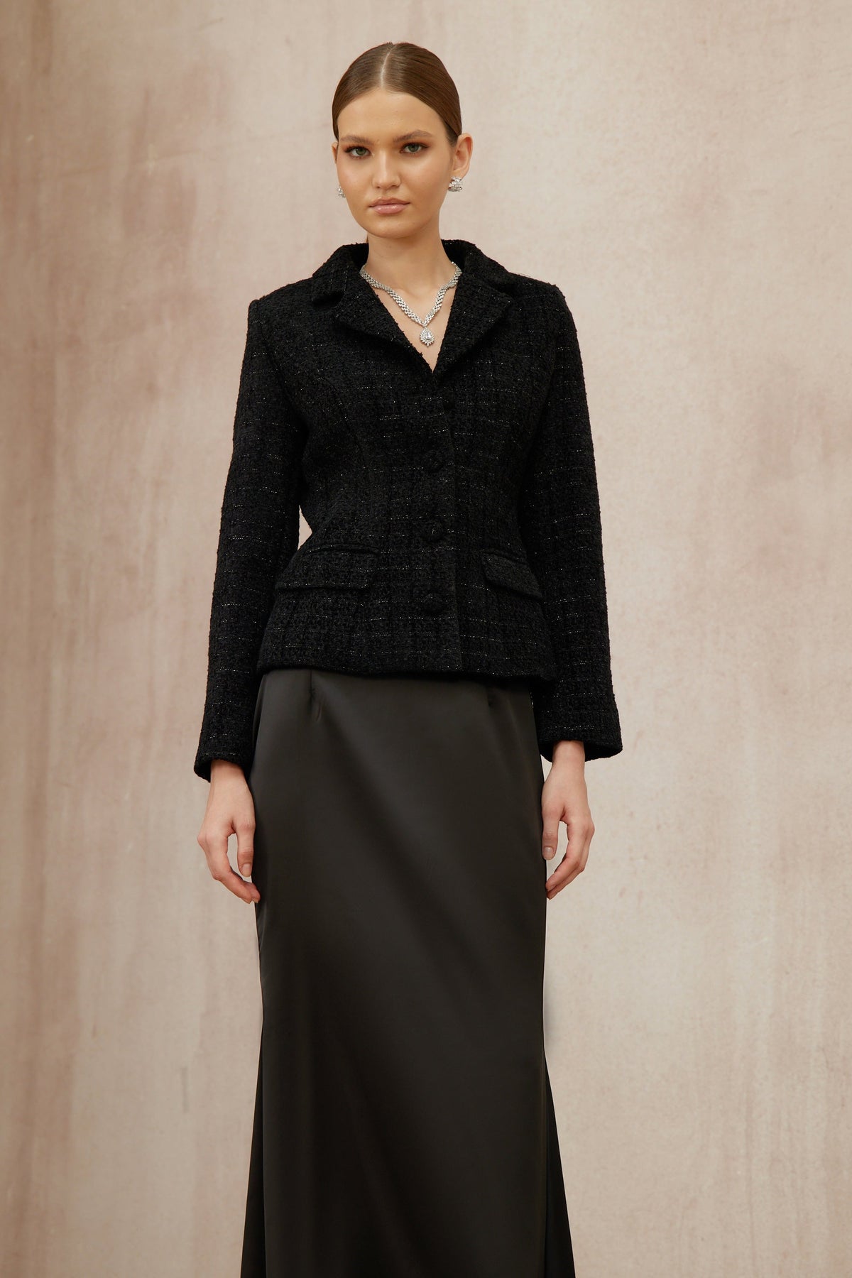 Ariadna Black Tweed Jacket & Satin Skirt Set