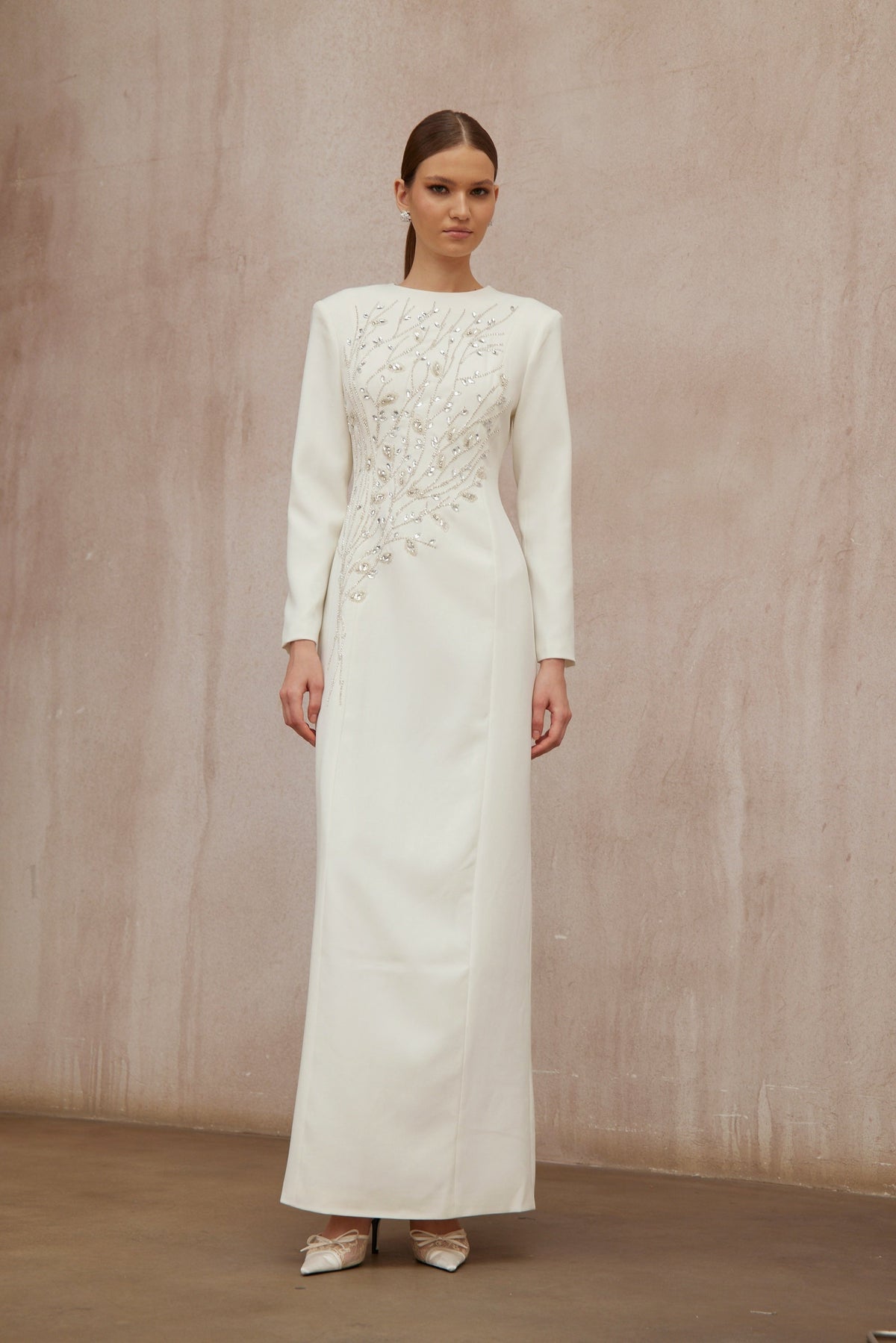 Calliopée White Leaf Appliqué Embellished Maxi Gown