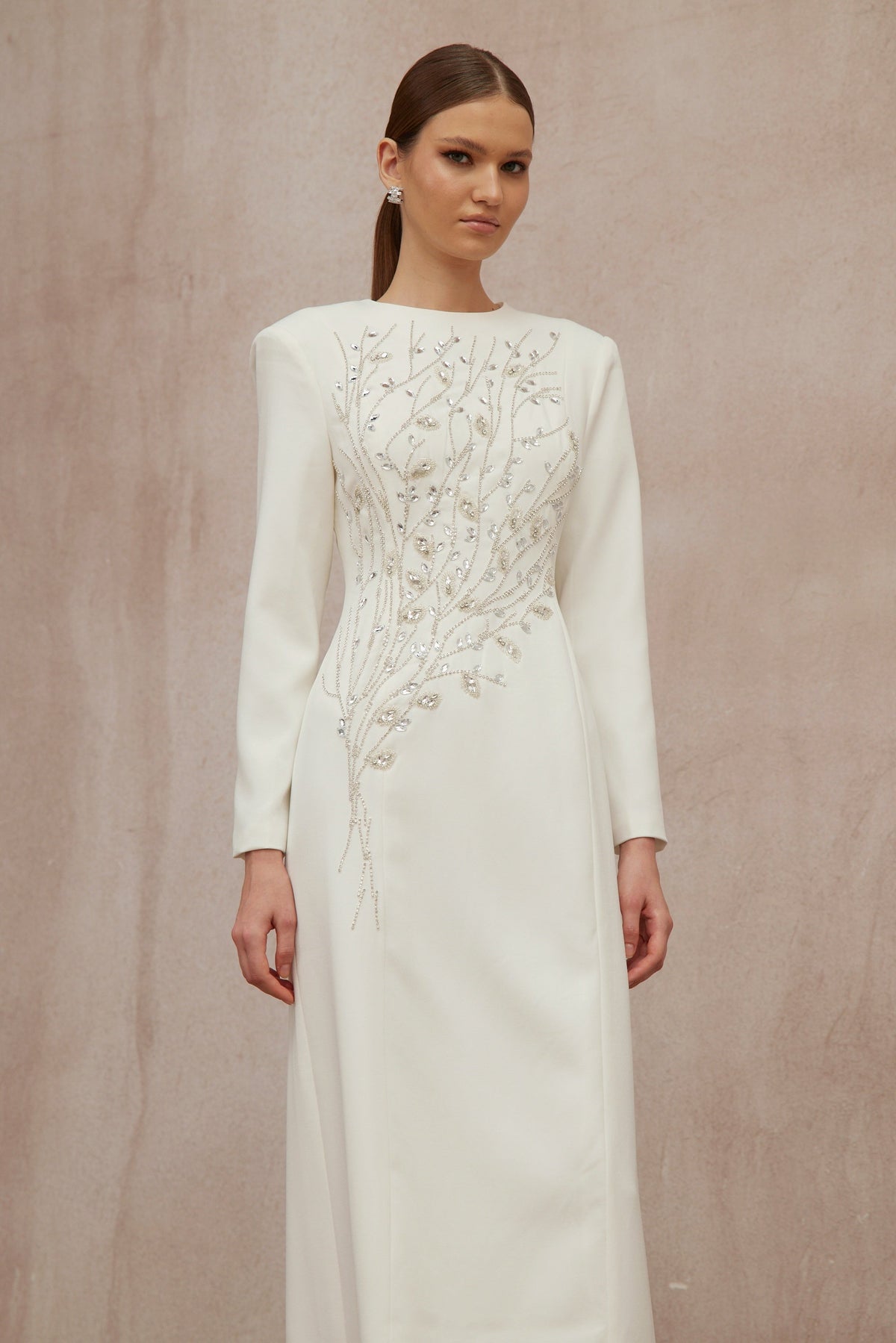 Calliopée White Leaf Appliqué Embellished Maxi Gown