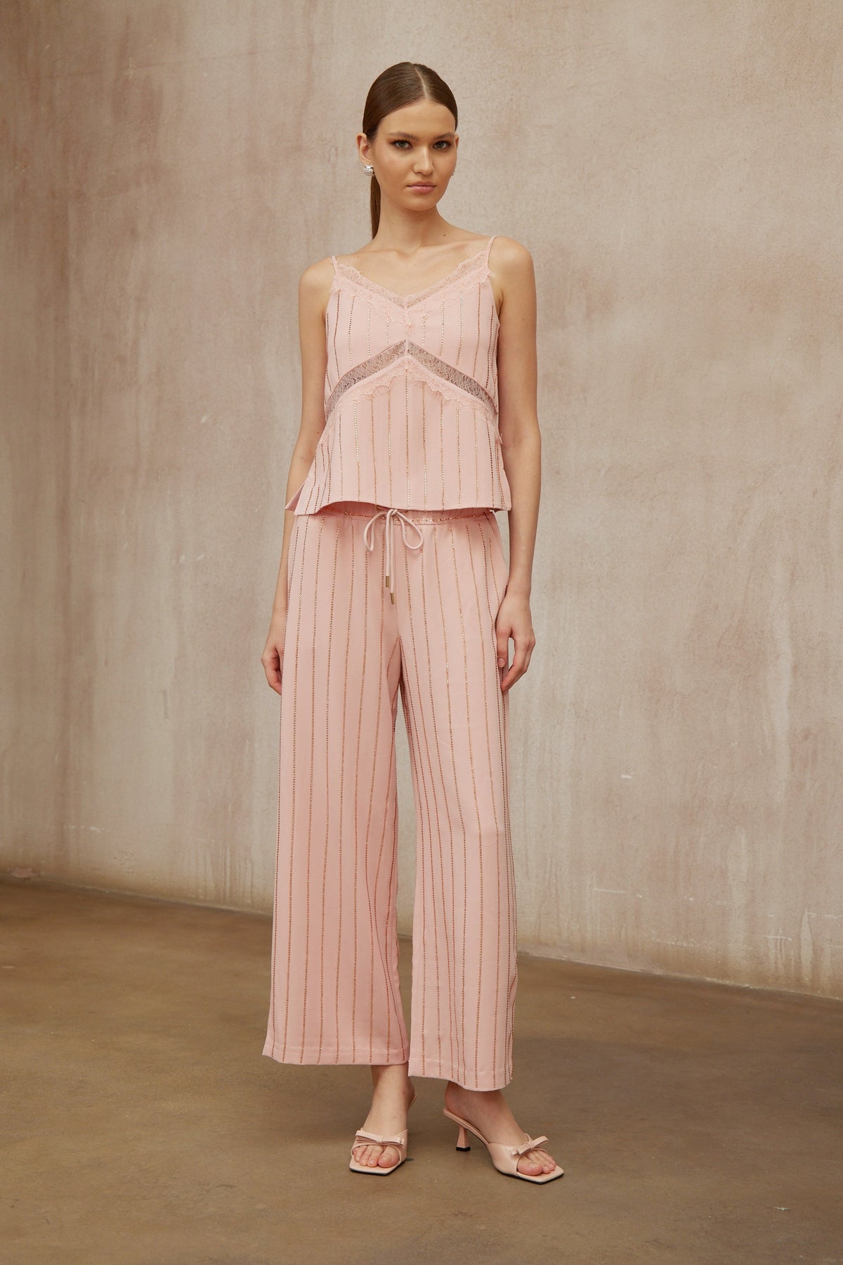 Quincie Pink Rhinestone Striped Top & Trousers Set