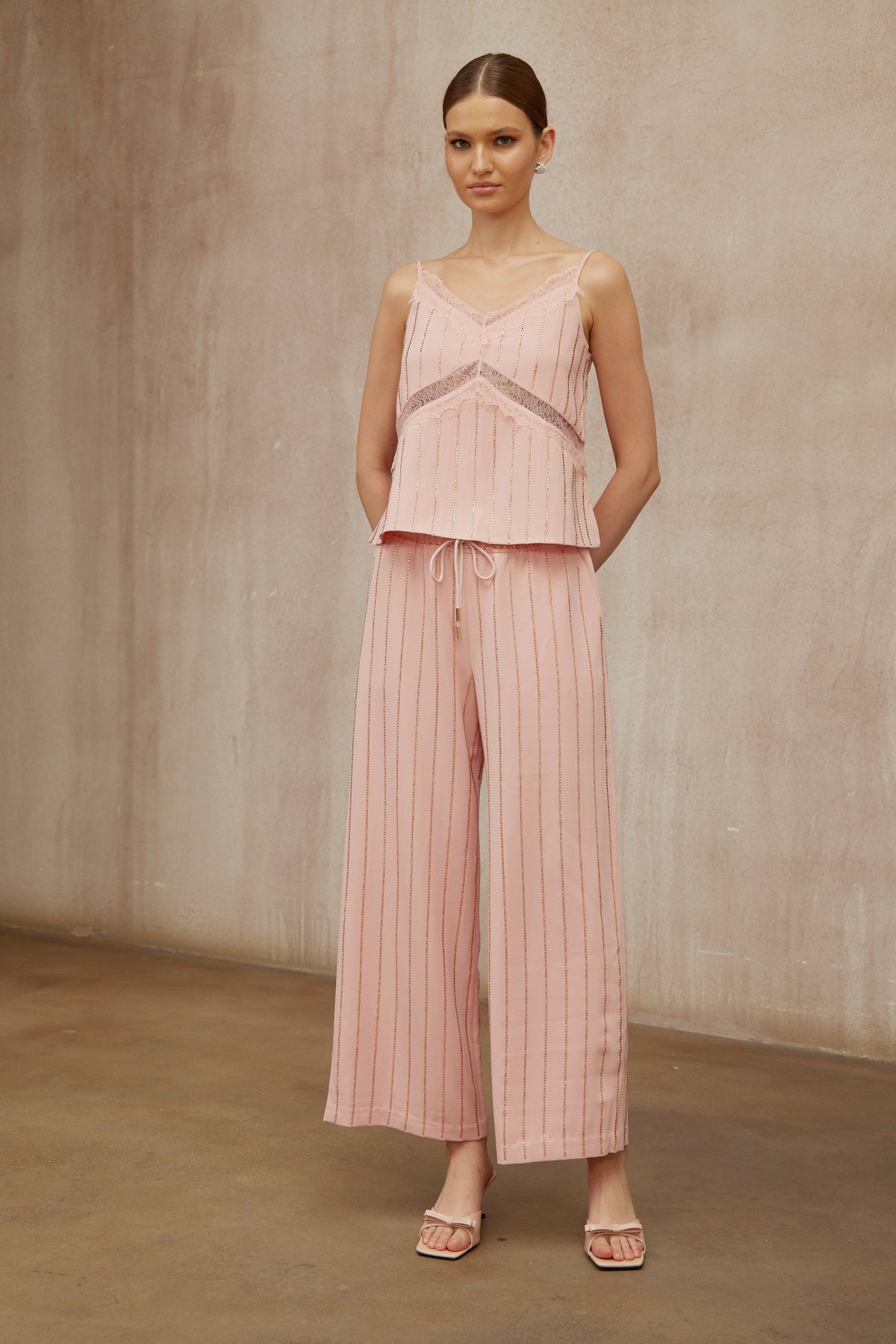 Quincie Pink Rhinestone Striped Top & Trousers Set