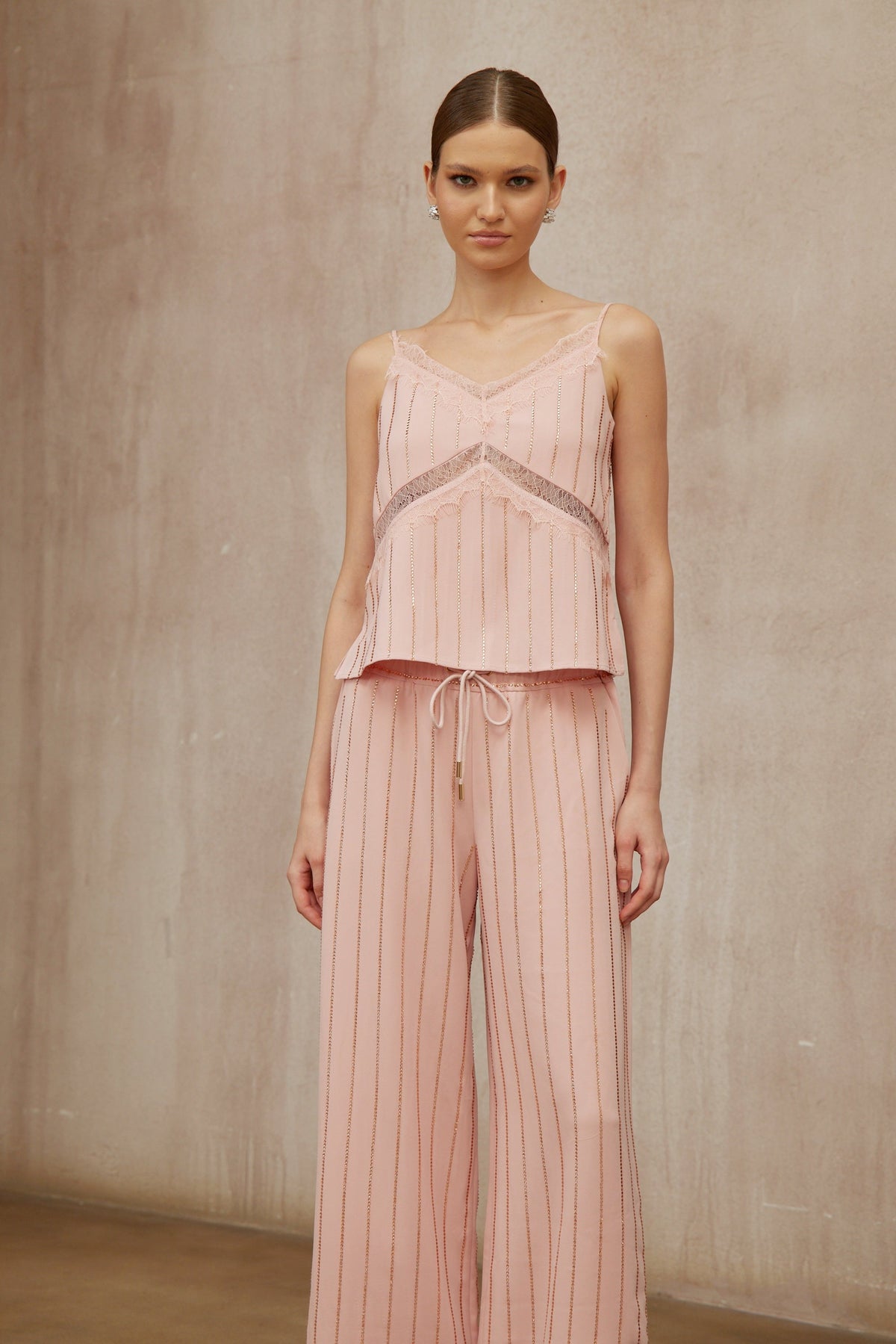 Quincie Pink Rhinestone Striped Top & Trousers Set