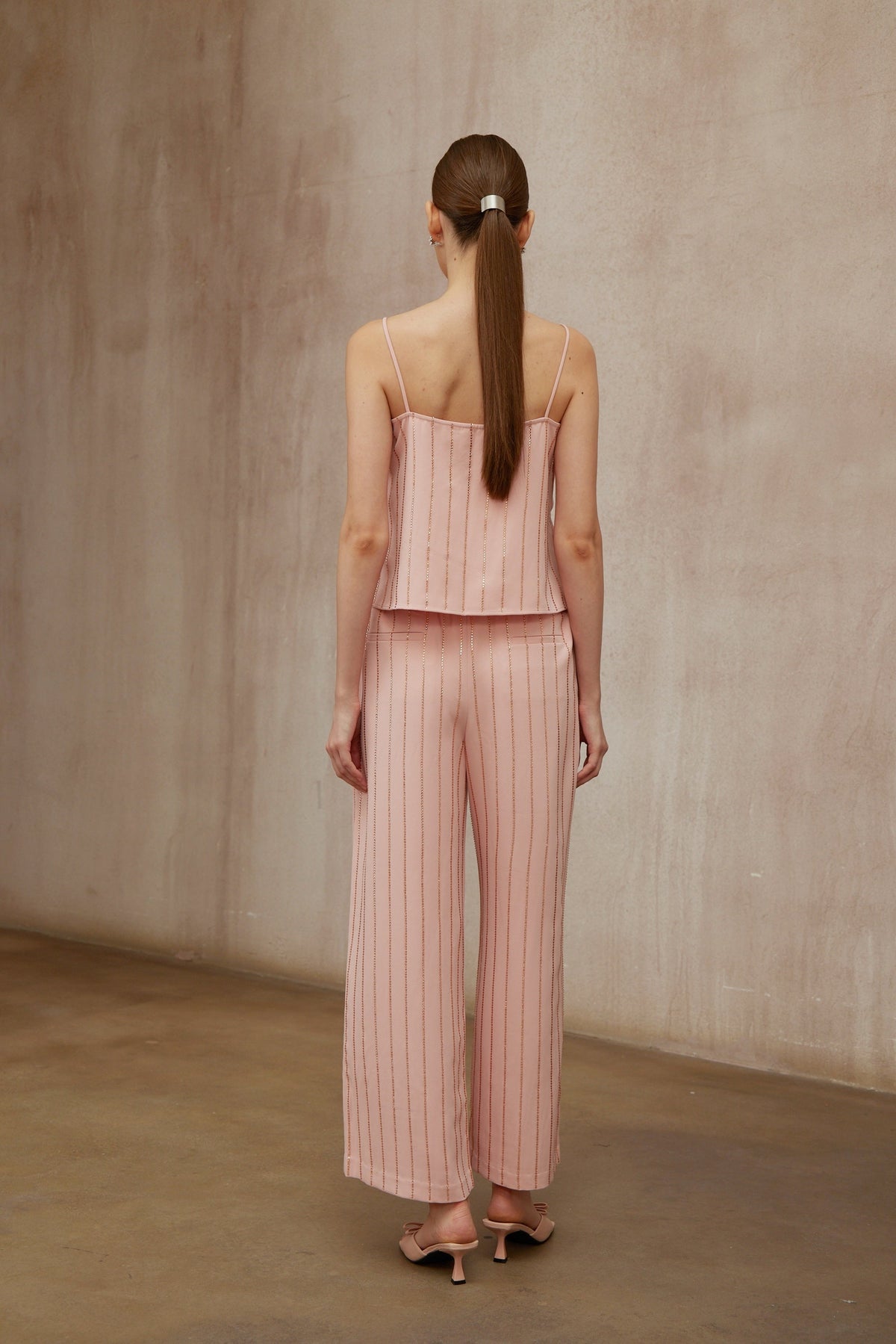 Quincie Pink Rhinestone Striped Top & Trousers Set