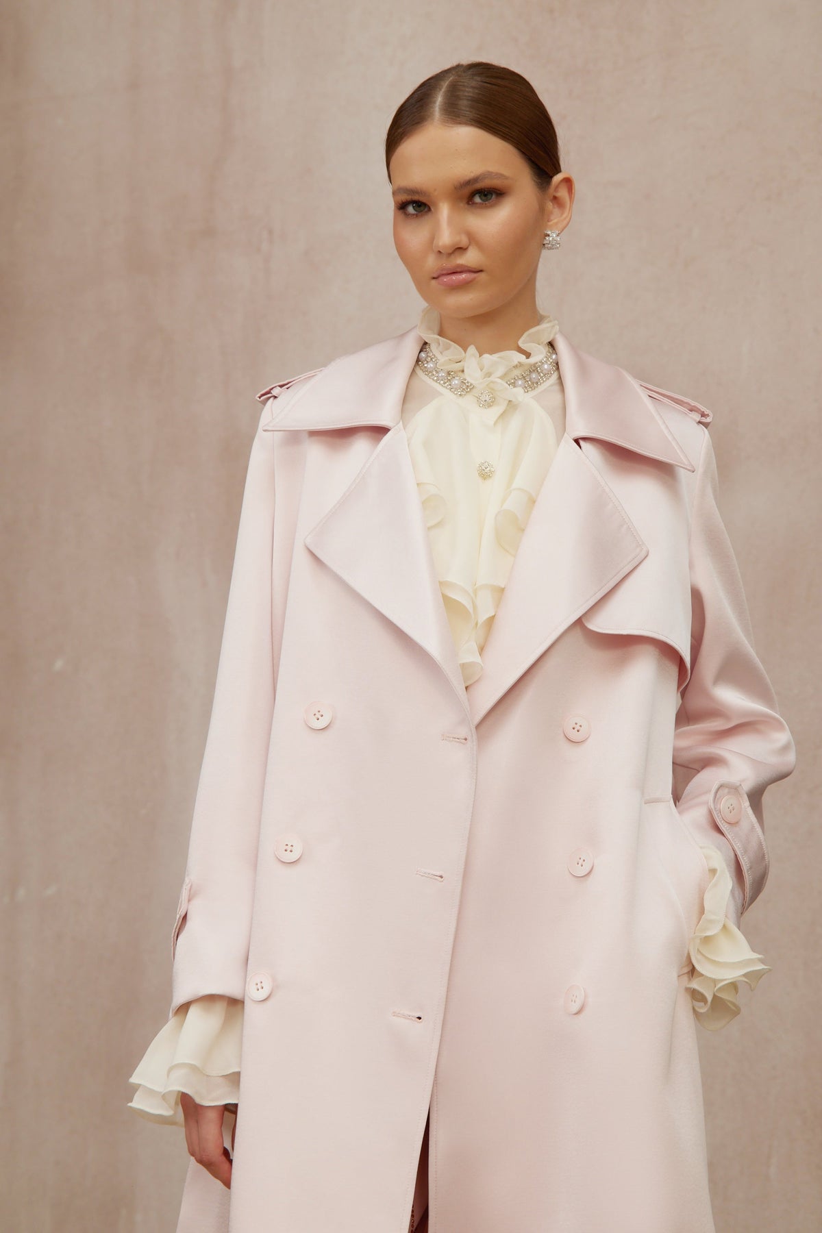 Caméo Pink Double-Breasted Satin Trench Overcoat