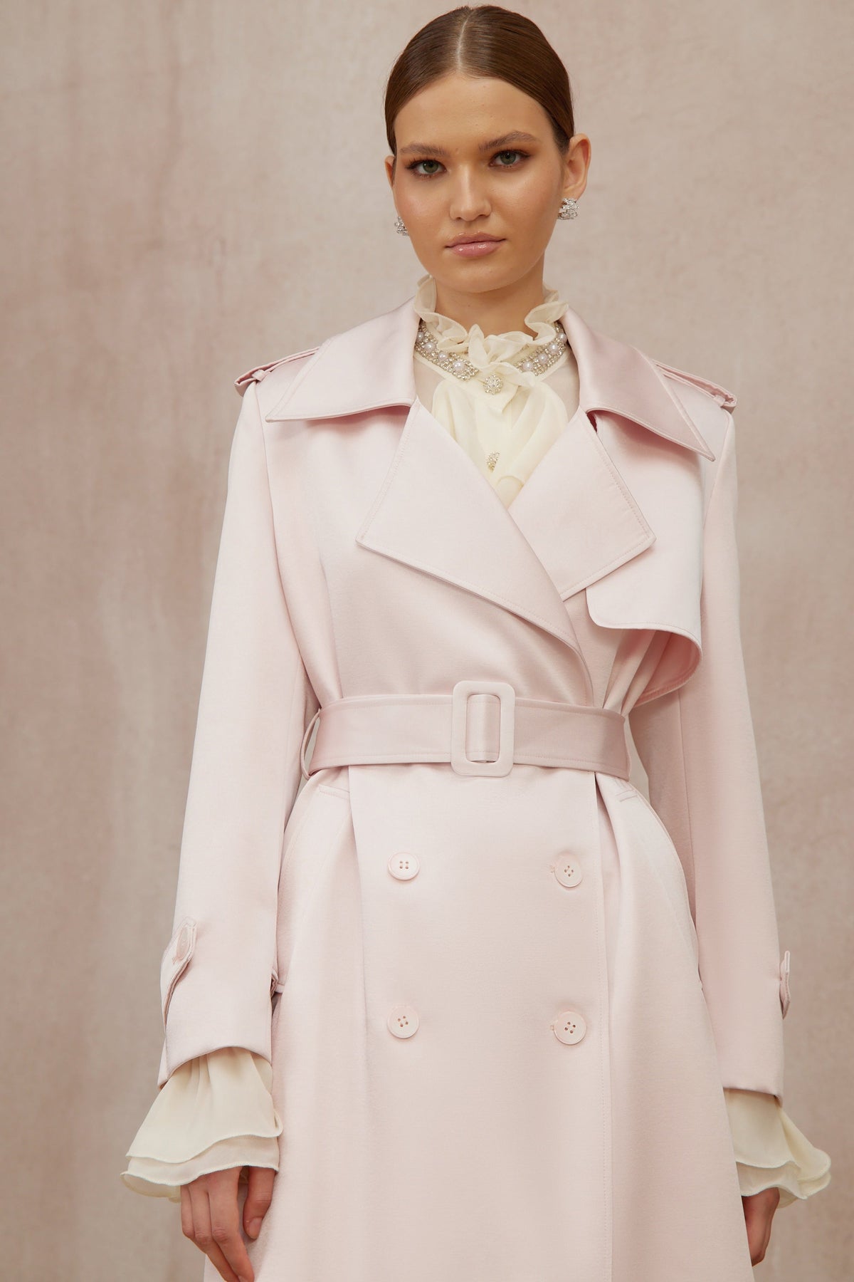 Caméo Pink Double-Breasted Satin Trench Overcoat