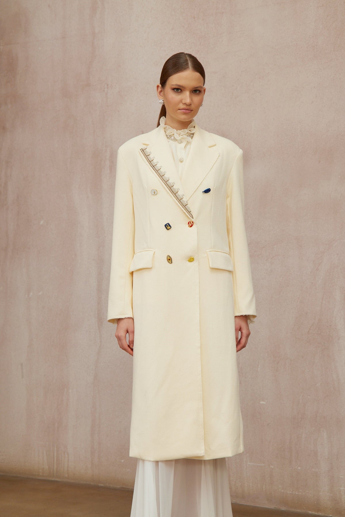 Alexa White Embroidered Double-Breasted Overcoat - Off white
