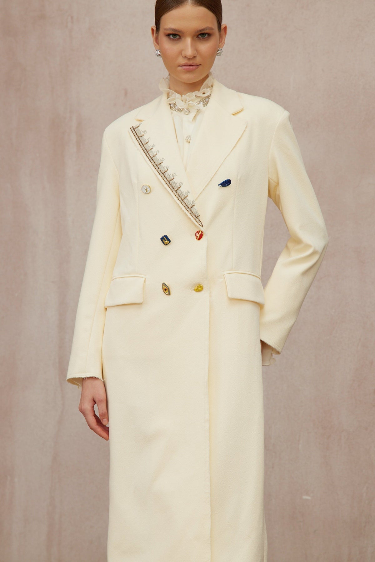 Alexa White Embroidered Double-Breasted Overcoat - ivory