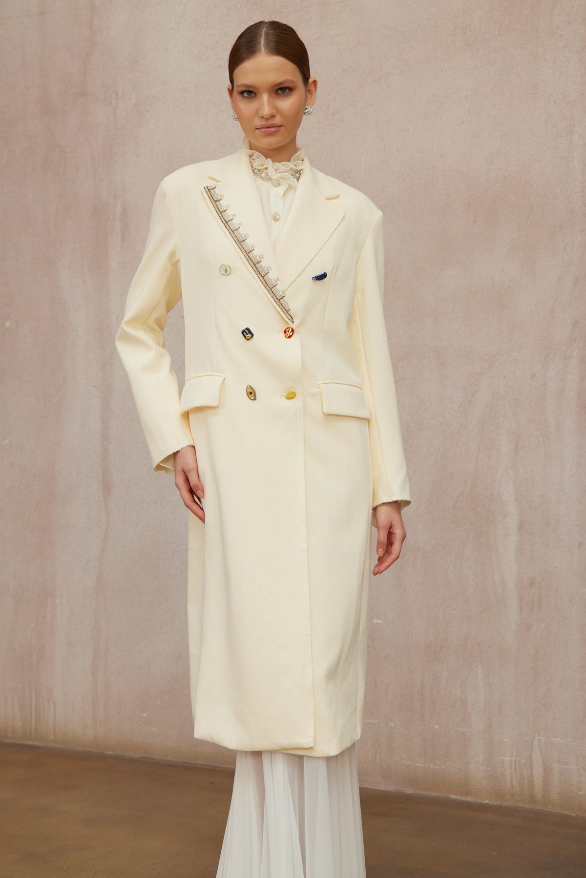 Alexa White Embroidered Double-Breasted Overcoat