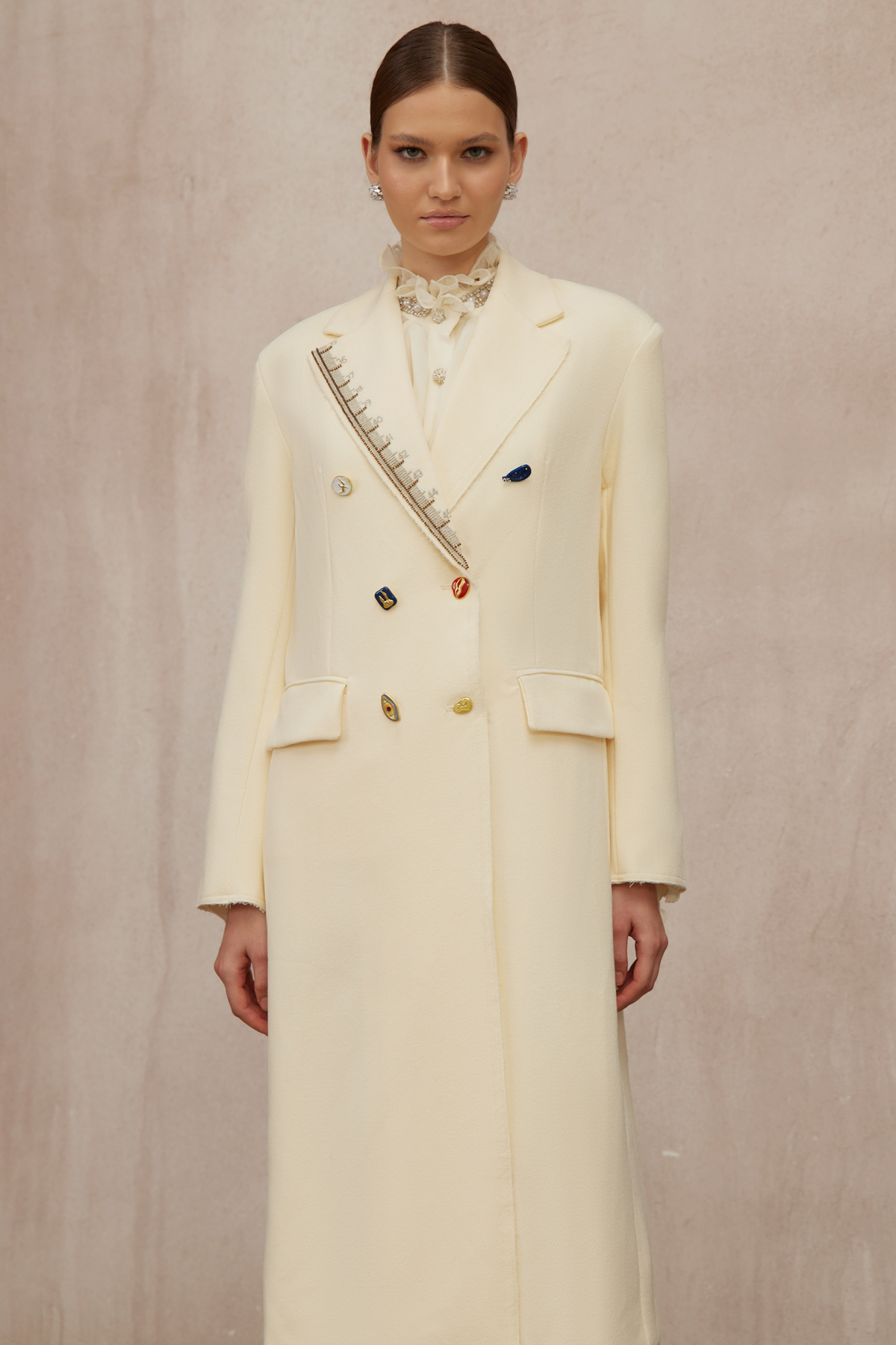 Alexa White Embroidered Double-Breasted Overcoat - ivory