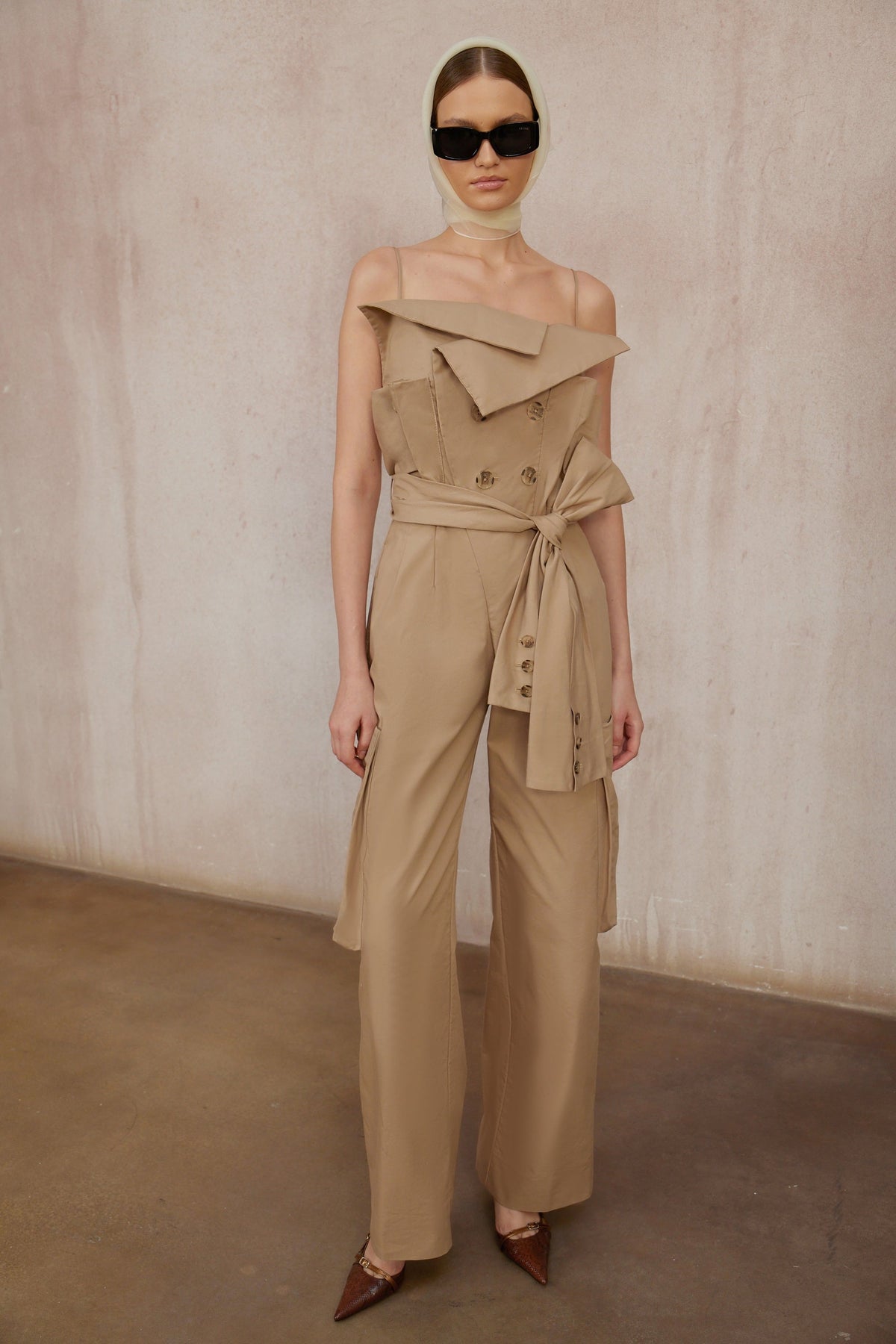 Nanette Khaki Asymmetrical Double Breasted Jumpsuit