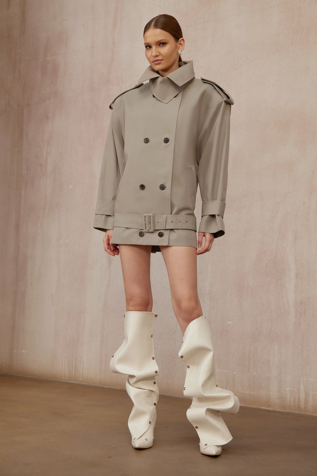 Mavis Grey Double-Breasted Belted Trench Coat - grey