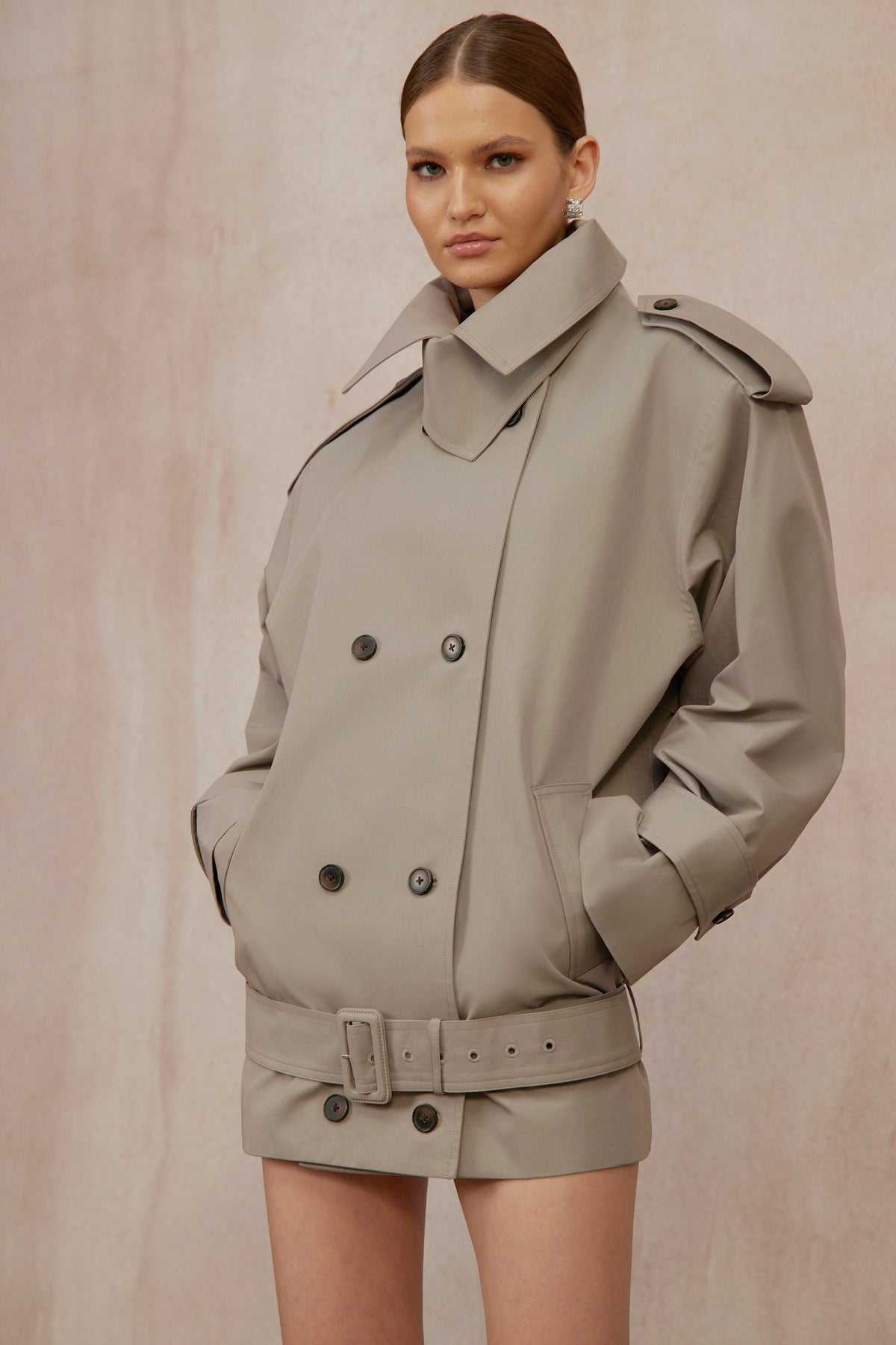 Mavis Grey Double-Breasted Belted Trench Coat - grey
