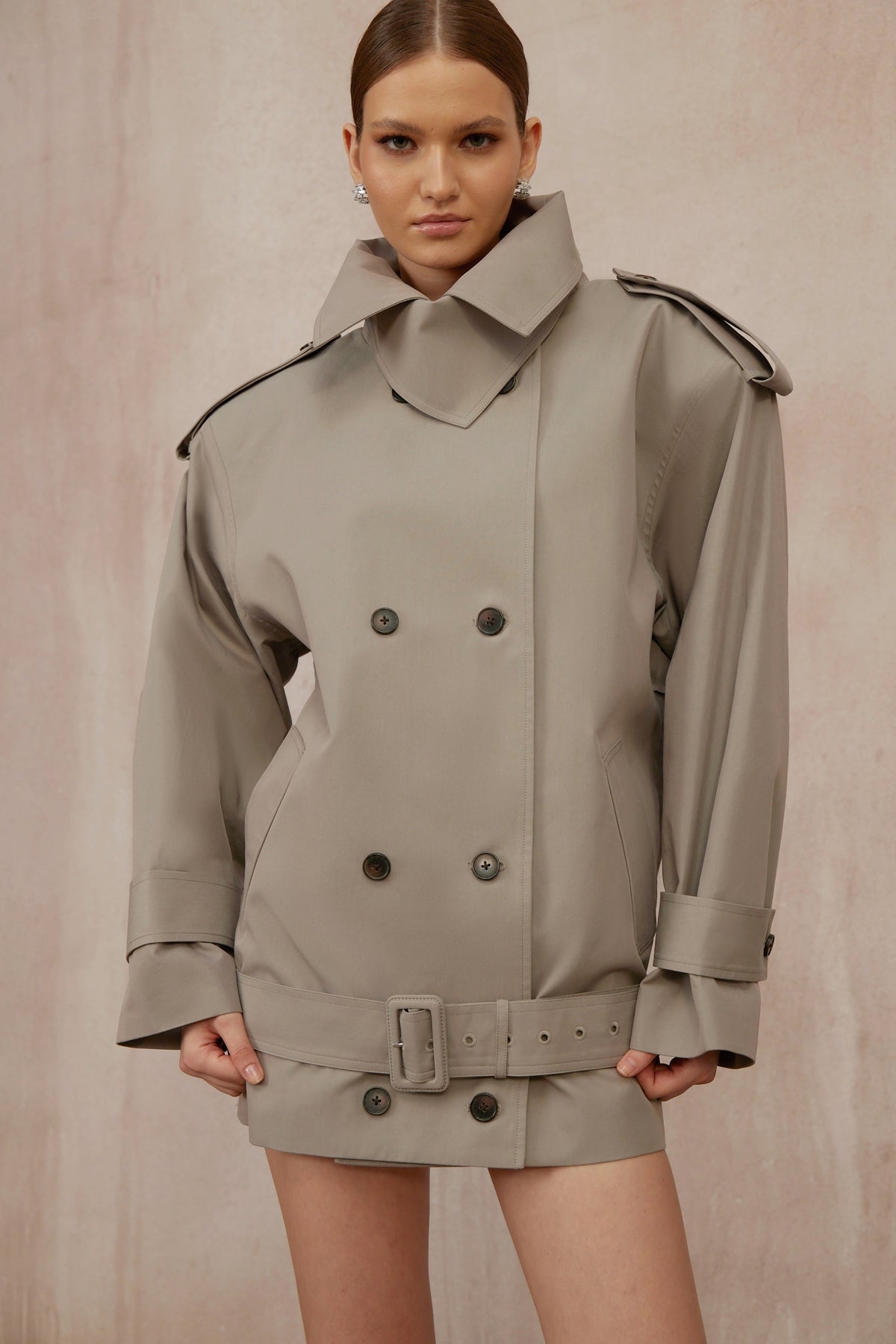 Mavis Grey Double-Breasted Belted Trench Coat - grey