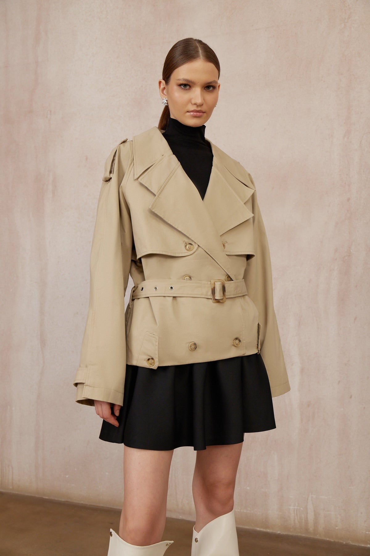 Sandra Khaki Double-Breasted Short Trench Coat