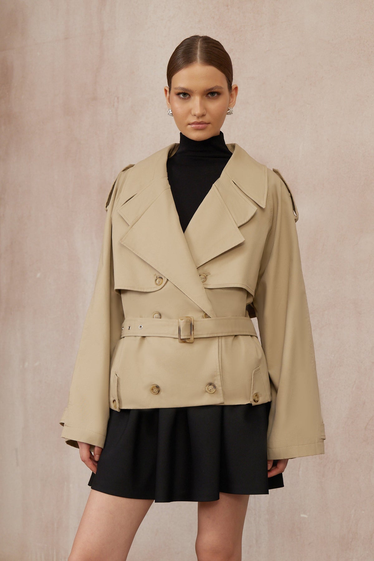 Sandra Khaki Double-Breasted Short Trench Coat