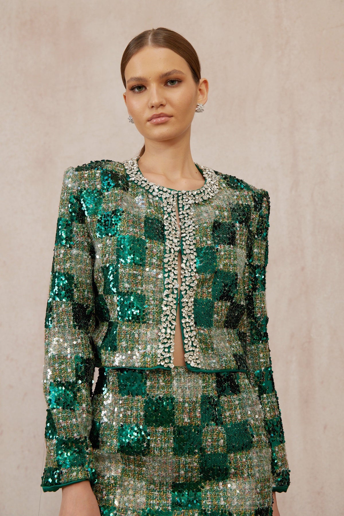 Raphaëlle Green Embellished Checked Tweed Matching Set