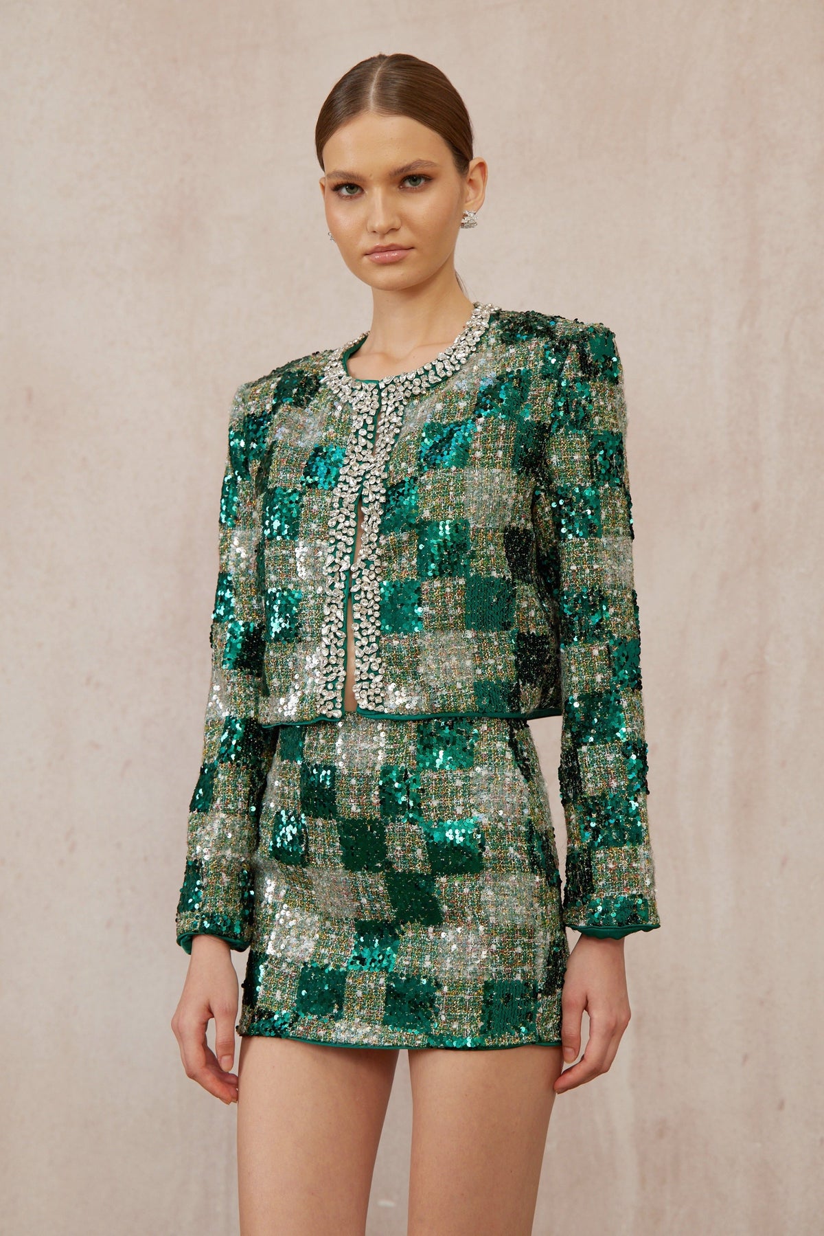 Raphaëlle Green Embellished Checked Tweed Matching Set