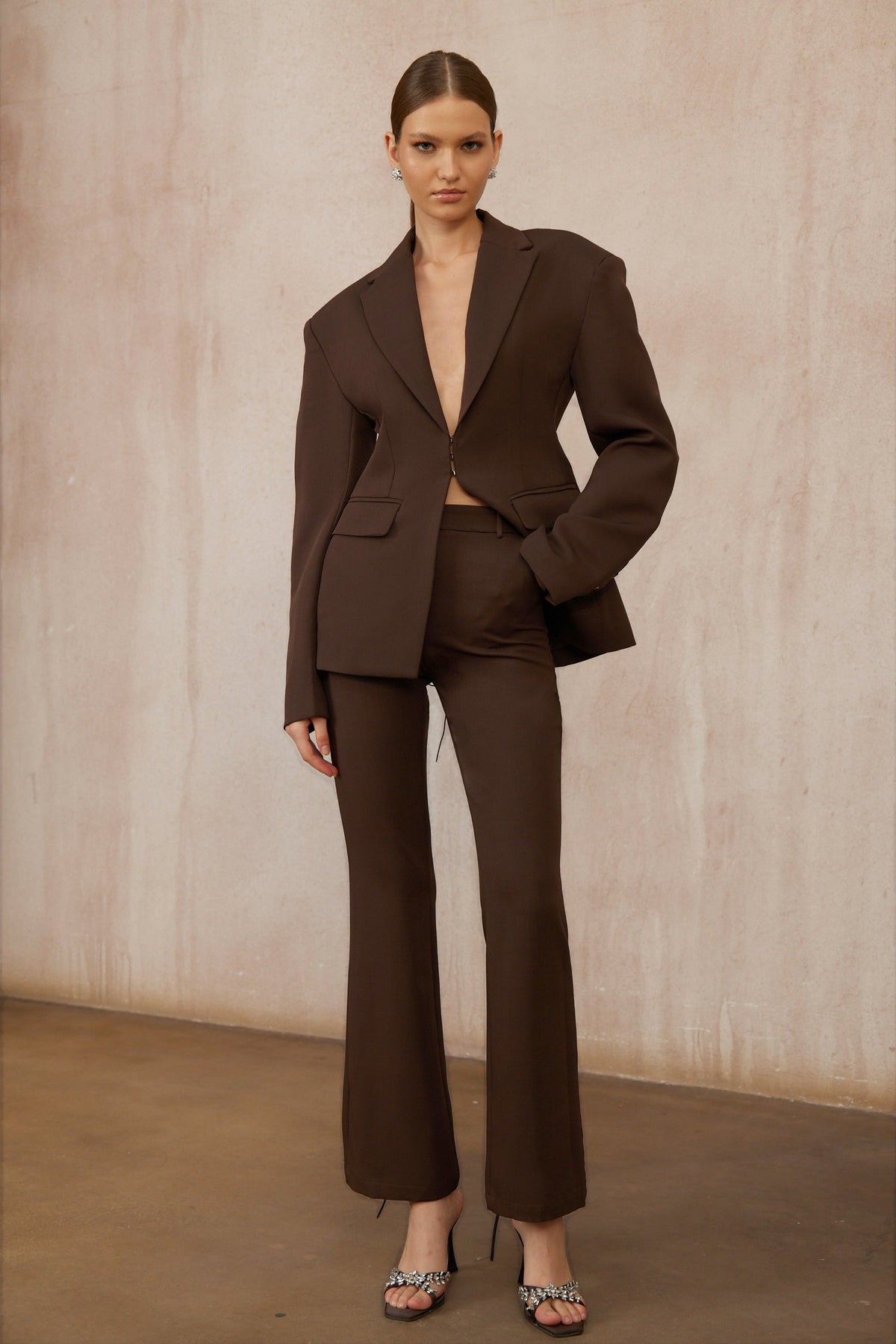 Prunille Brown Lace-Up Blazer & Trousers Set