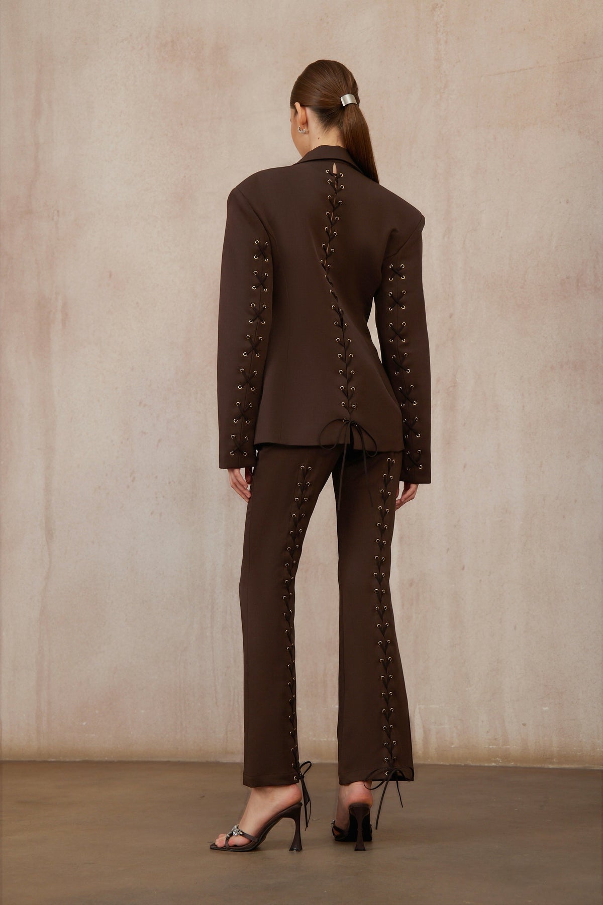 Prunille Brown Lace-Up Blazer & Trousers Set - brown
